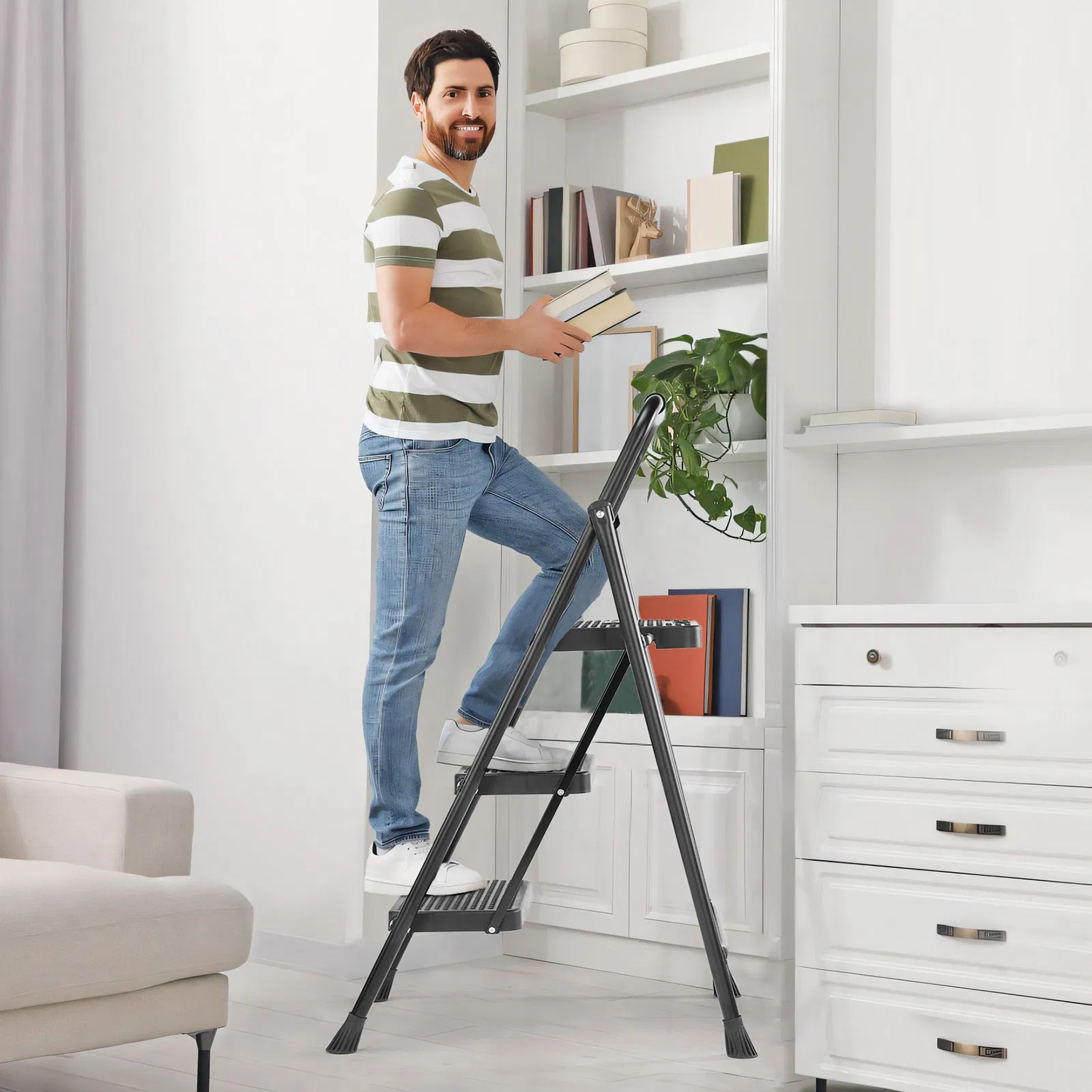 Household portable 3-layer step ladder, with safety buckle stable and safe photo 3