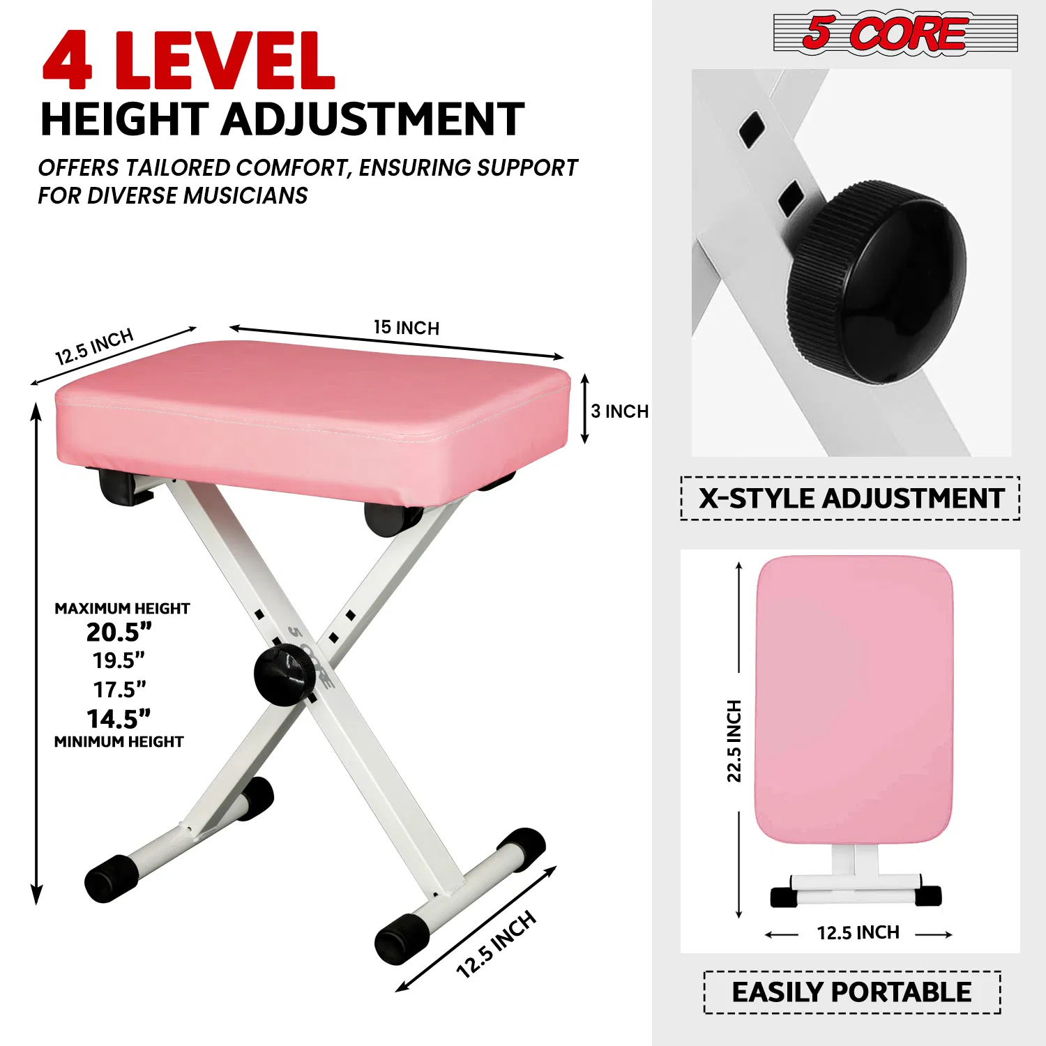5 Core Keyboard Bench 3 Inch Padded Cushioned Piano Stool Height Adjustable Guitar Seat Heavy Duty Folding Portable Musician Chair W Nonslip Rubber Feet Black - KBB BLK HD photo 8