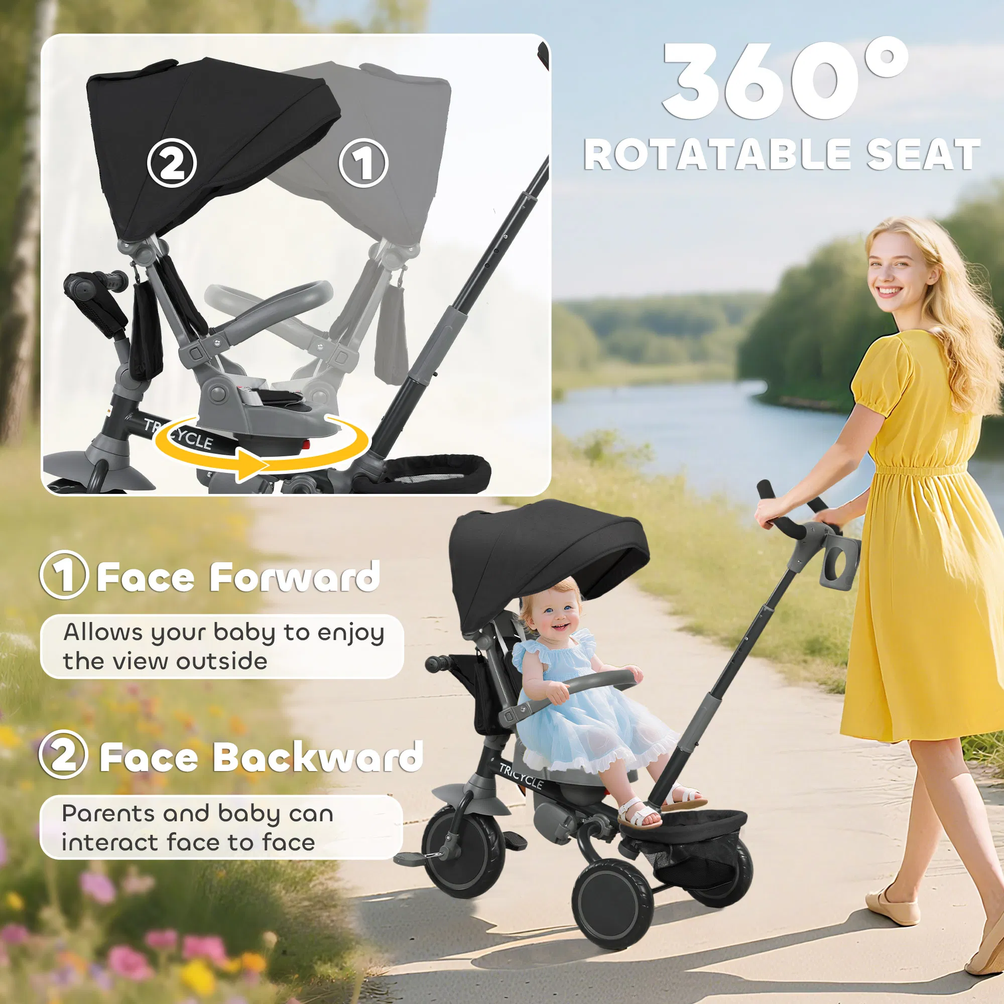 6 in 1 Toddler Tricycle for 1-5 Years Old with Push Handle, Removable Canopy, Rotatable Seat, Black photo 6