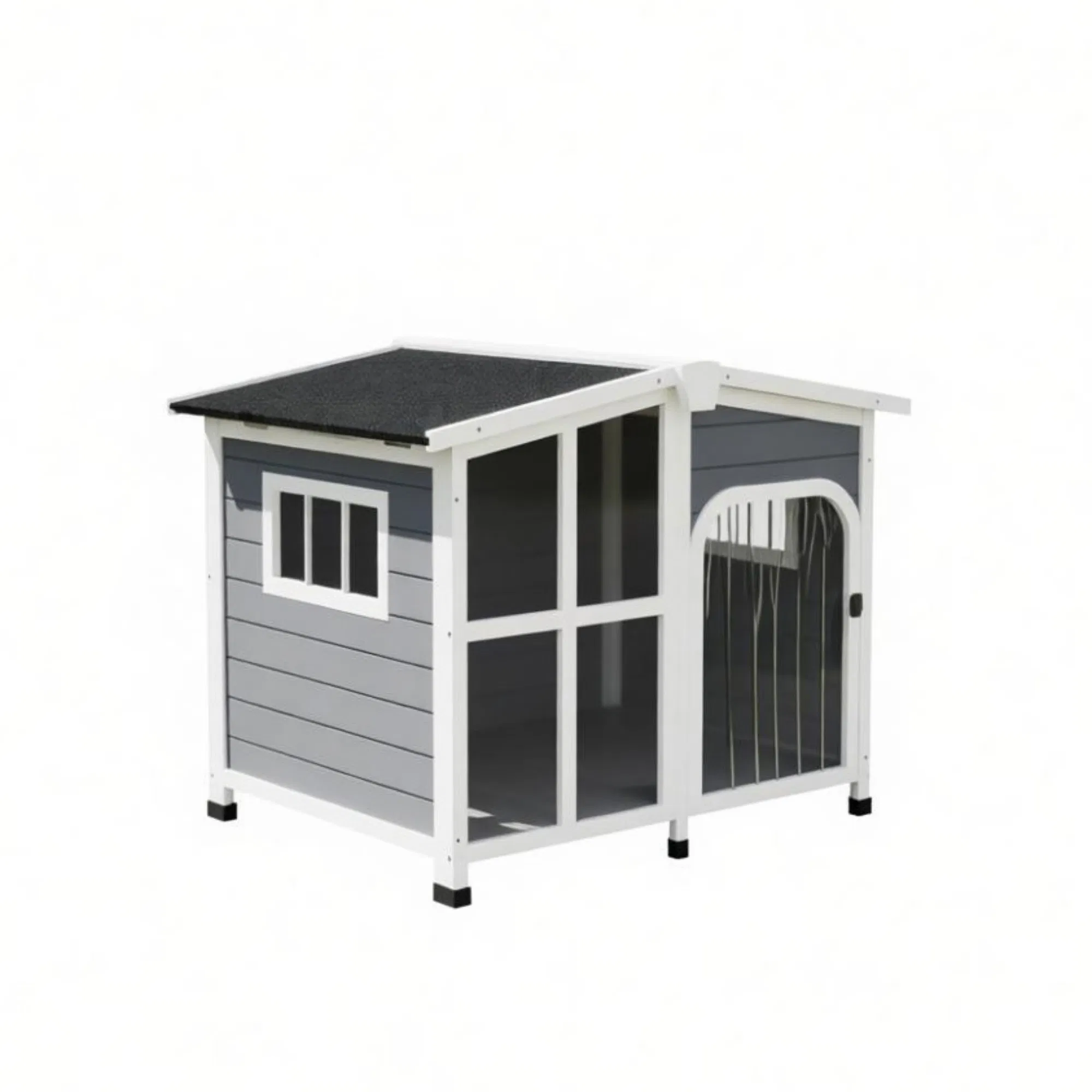 Large Dog House Cabin-Style Wooden Pet Shelter with Openable Roof And Giant Window Gray photo 2