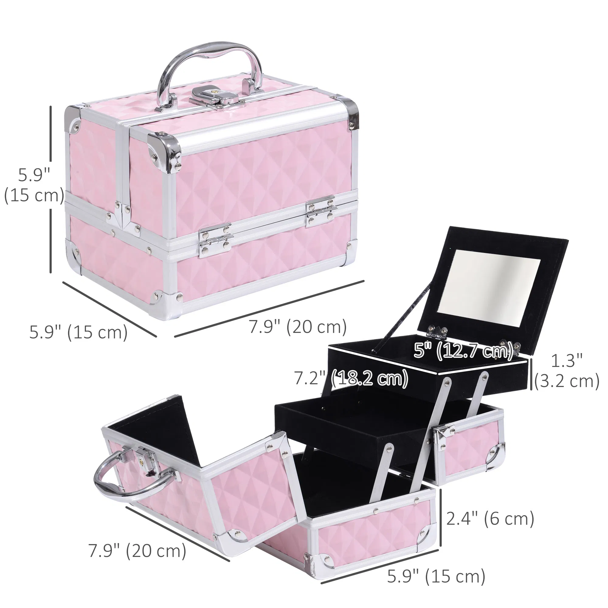 Cosmetic Train Case 3 Tier Diamond Texture Organizer with Mirror Portable Pink 8"x6"x6" photo 4
