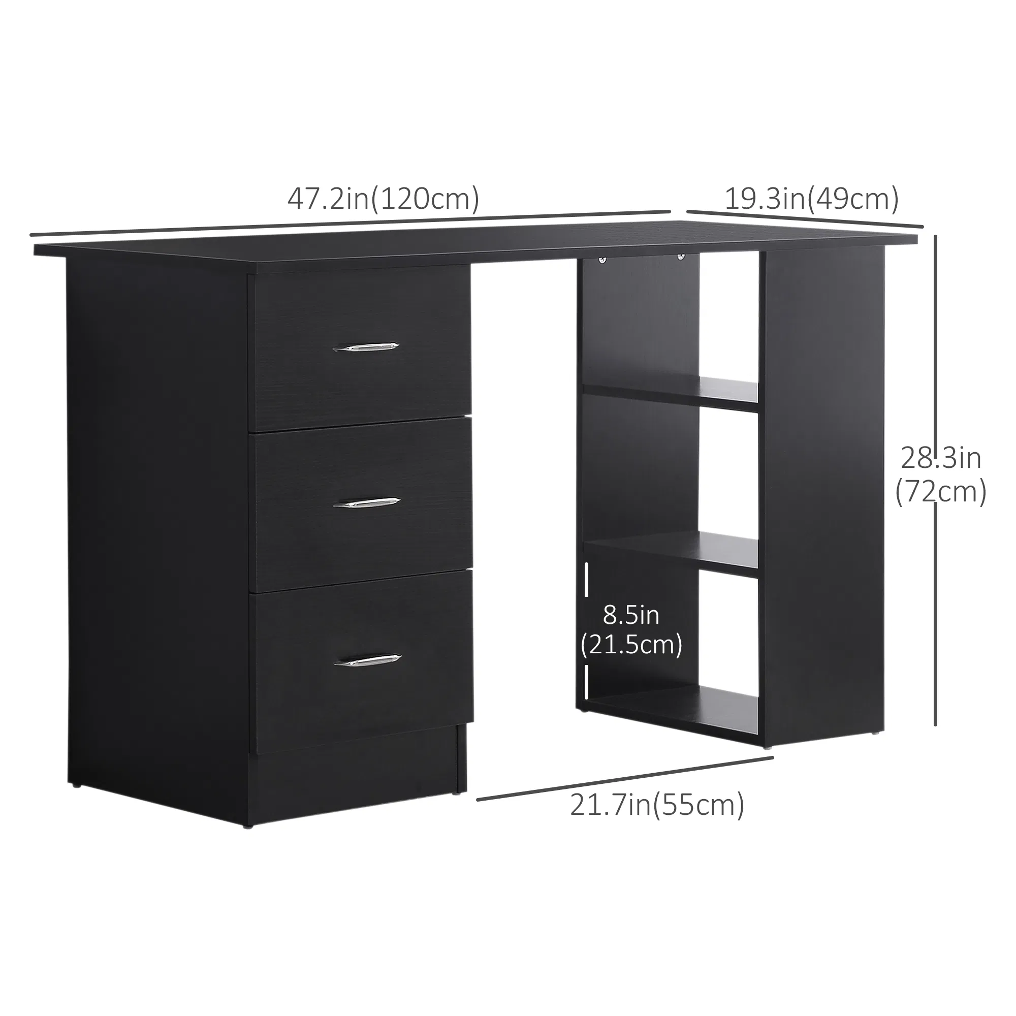 47 Inches Home Office Desk with 3-Tier Storage Shelves, Computer Desk with Drawers, Study Writing Table, Black photo 4