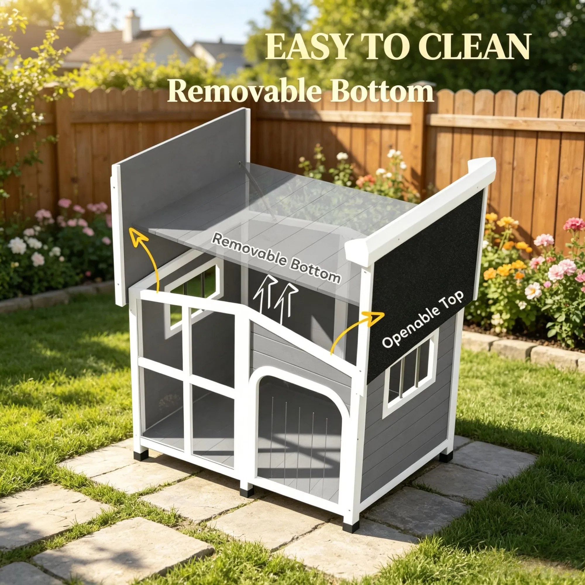 Large Dog House Cabin-Style Wooden Pet Shelter with Openable Roof And Giant Window Gray photo 5