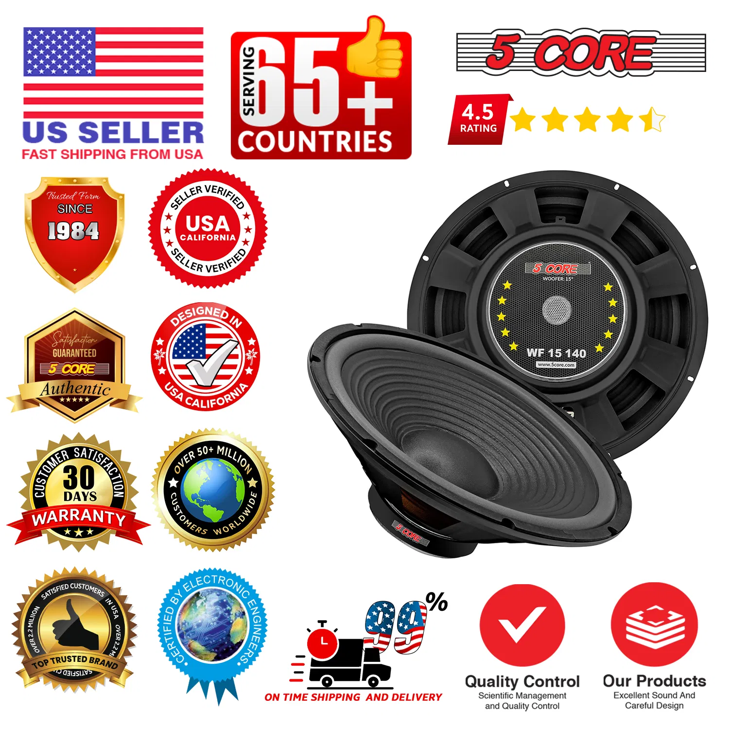 5 Core 15 Inch Car Subwoofer 4 Ohm Audio Speaker Replacement Woofer Driver Pair photo 8