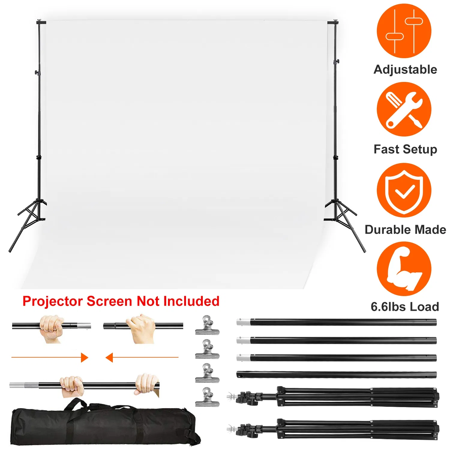 Adjustable Backdrop Support System, 5-10ft Wide Photo Background Stand with 4 Clamps, Spring-Loaded Joints and Oxford Storage Bag for Studio & Outdoor Shooting photo 3