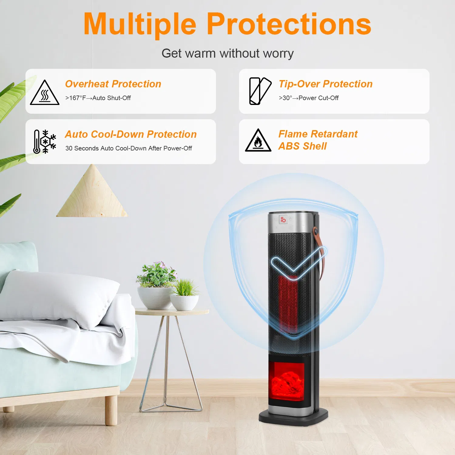 Portable 1500W Space Heater with Fireplace,90° Oscillating PTC Ceramic, Adjustable Thermostat Tower Heater,Overheating and Tip-Over Protection Fast Heating,Remote for Indoor photo 5
