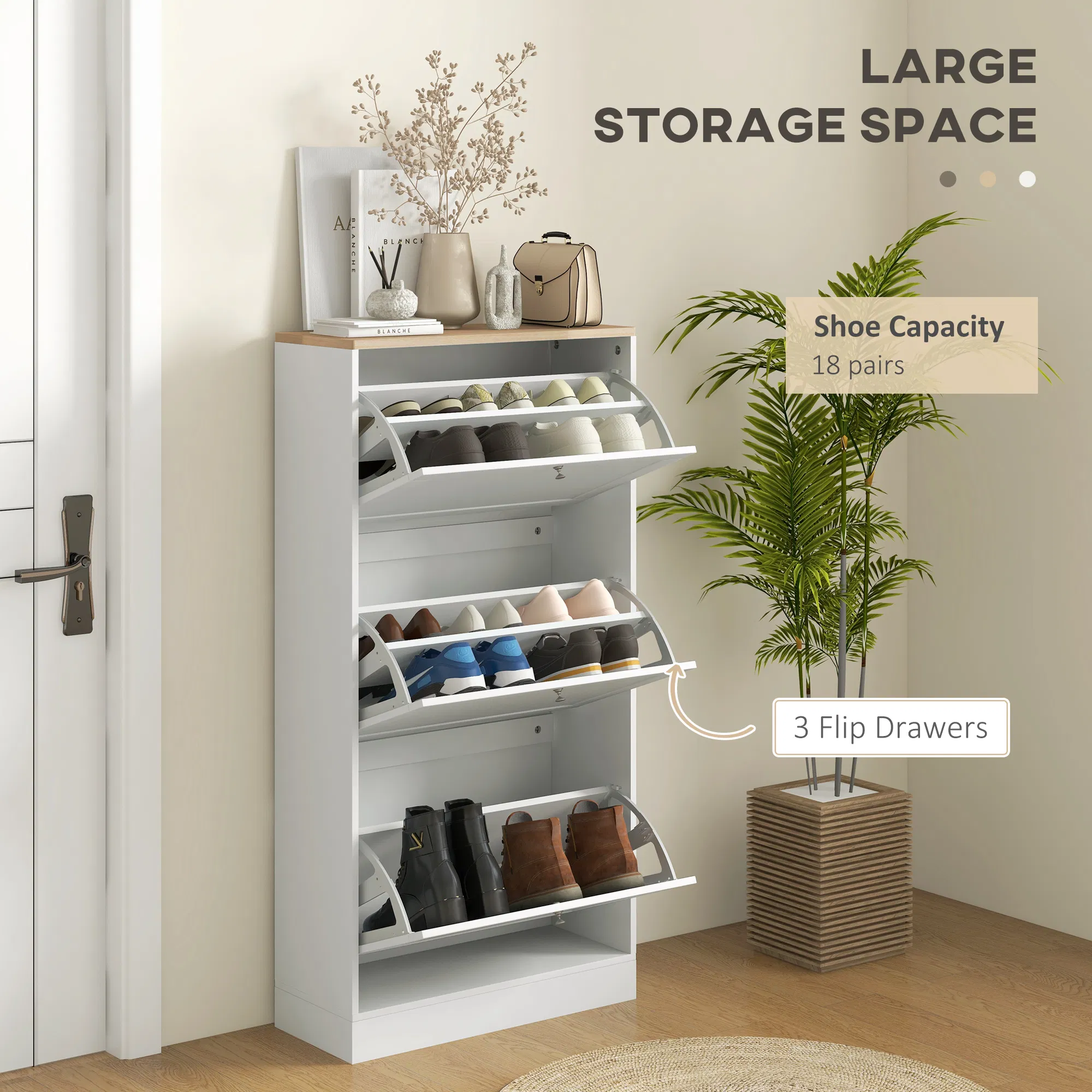 Modern Shoe Storage with 3 Flip Drawers and Adjustable Shelves, Shoe Cabinet Organizer for 18 Pairs of Shoes, White photo 3