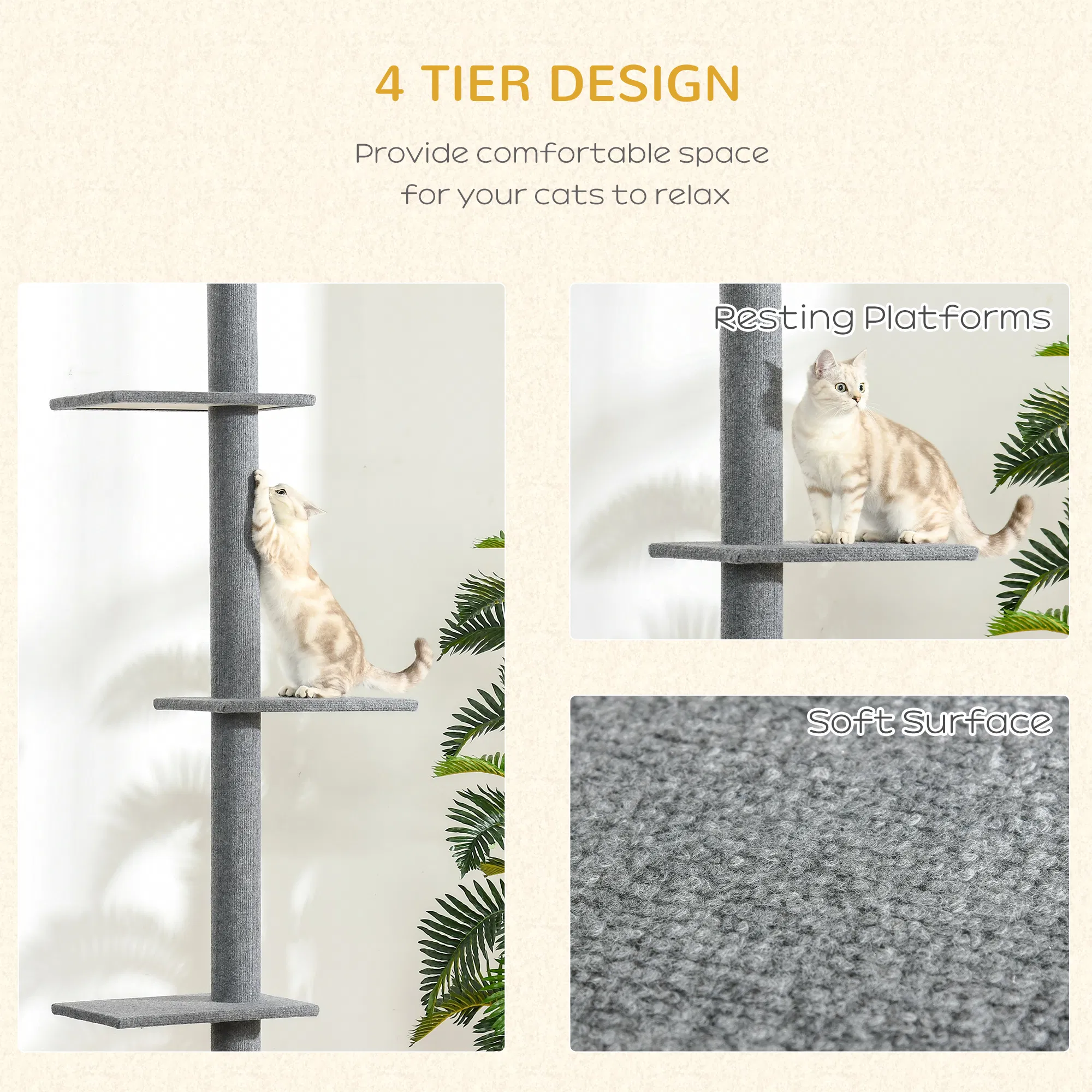 100" Floor To Ceiling Cat Tree w/ 3 Perches Activity Center for Kittens Cat Tower Furniture, Grey photo 5