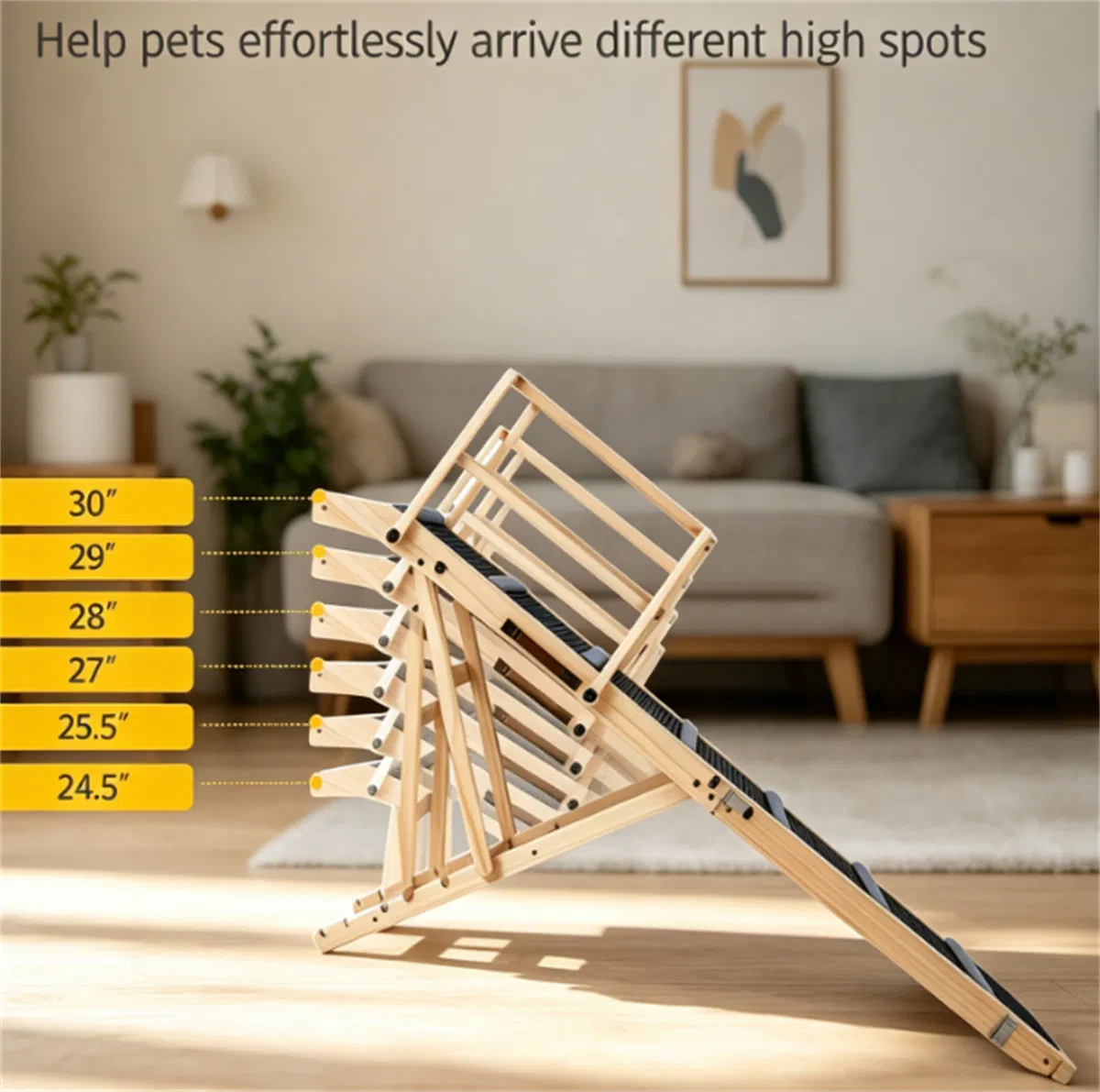 6-Level Adjustable Foldable Pet Ramp , Solid Pine Wood Non-Slip Dog Stairs with Side Rails, 145 lbs Heavy Duty Pet Step for Senior Dogs & Pets with Mobility Issues photo 3