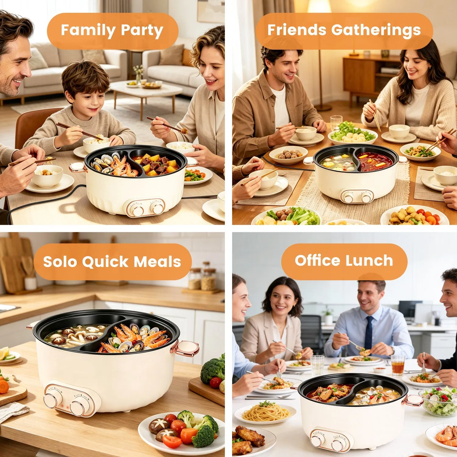 6 Liter Dual-Flavor Electric Shabu Shabu Hot Pot for 3-6 Guests, Non-Stick Coating Stainless Steel Hot Pot with Transparent Steam Vent Lid, Cool Wide Handles & Raised Stable Base for Home Dinner Party photo 5