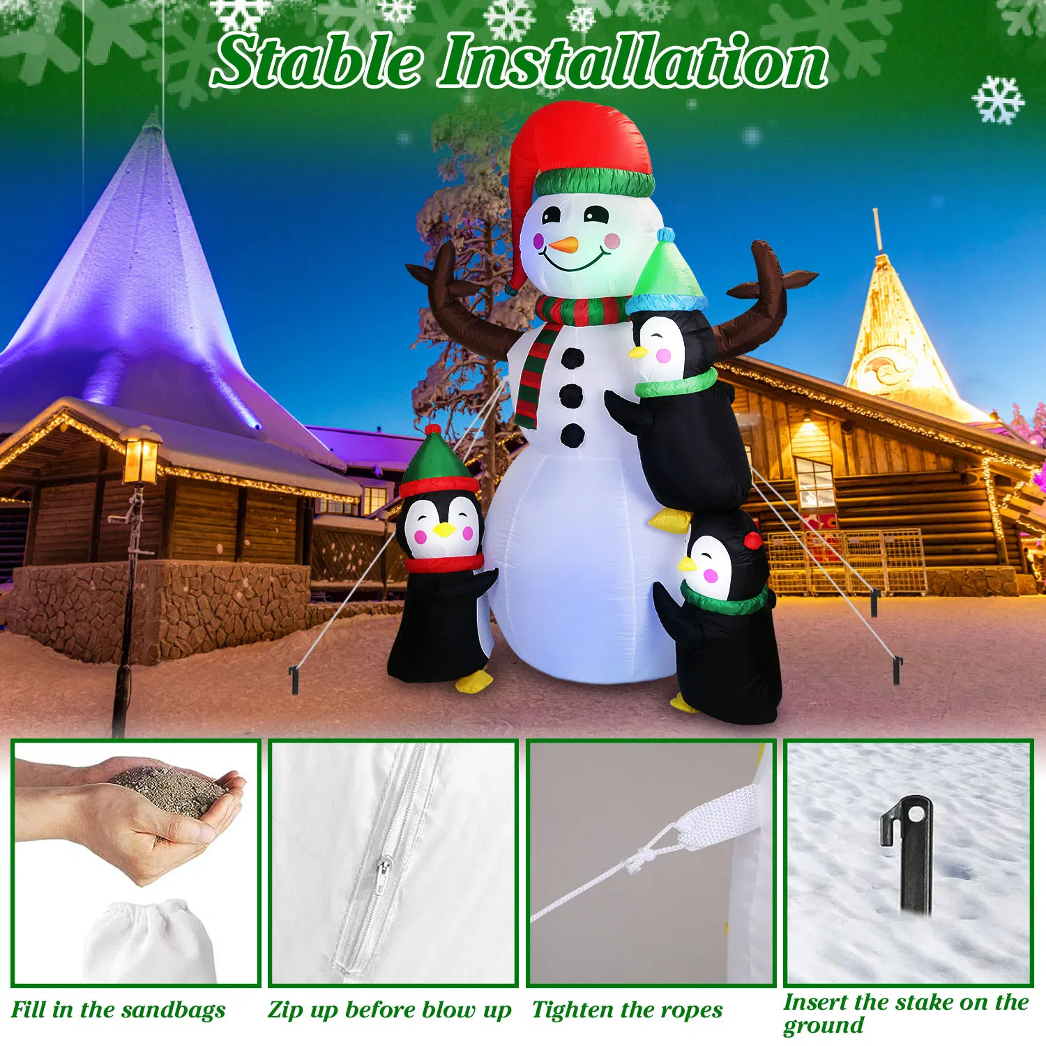 5.9FT Christmas Inflatable Decoration - Snowman & 3 Penguins with 5 LED Lights Includes Stakes/Ropes/Sandbags for Yard, Garden, Outdoor Indoor Decor photo 3