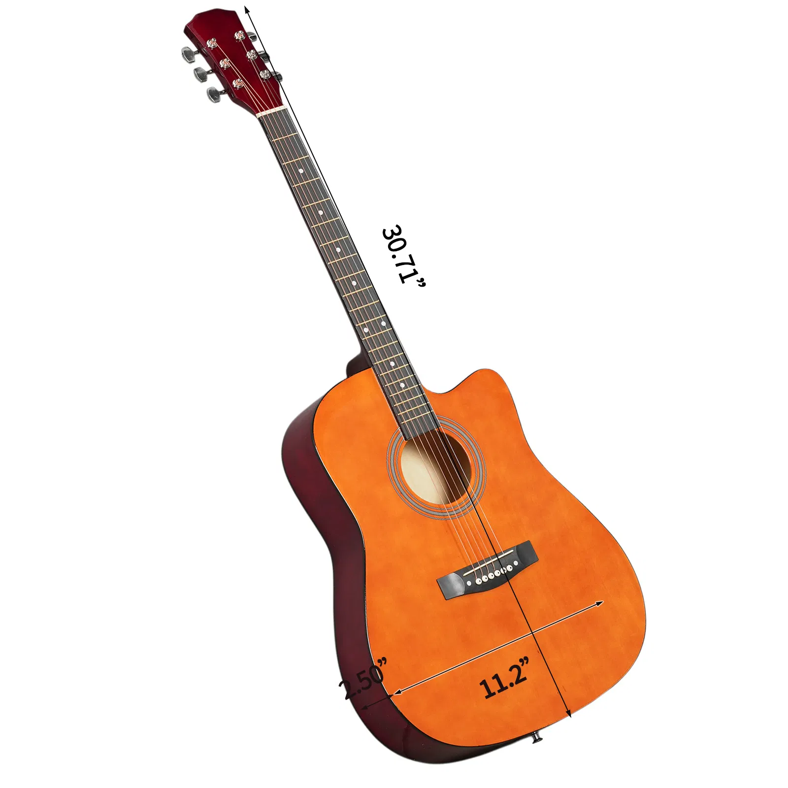 Brown 41-inch Dreadnought barrel-shaped cutaway acoustic guitar with pick, strings, capo, gig bag, tuner, wrench tool, and shoulder strap photo 5