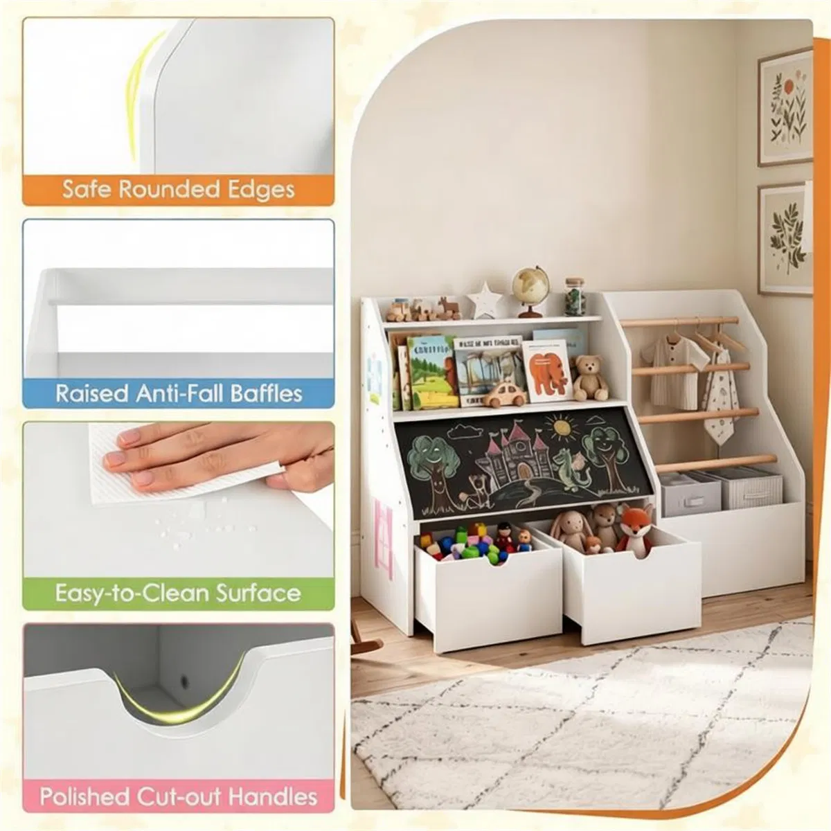 Kids Toy Storage Organizer with Flip Chalkboard, Rolling Drawers & Hanging Rods, Rounded Edge Toddler Bookshelf Engineered Wood Playroom Cabinet for Children 3+ Years Old photo 4