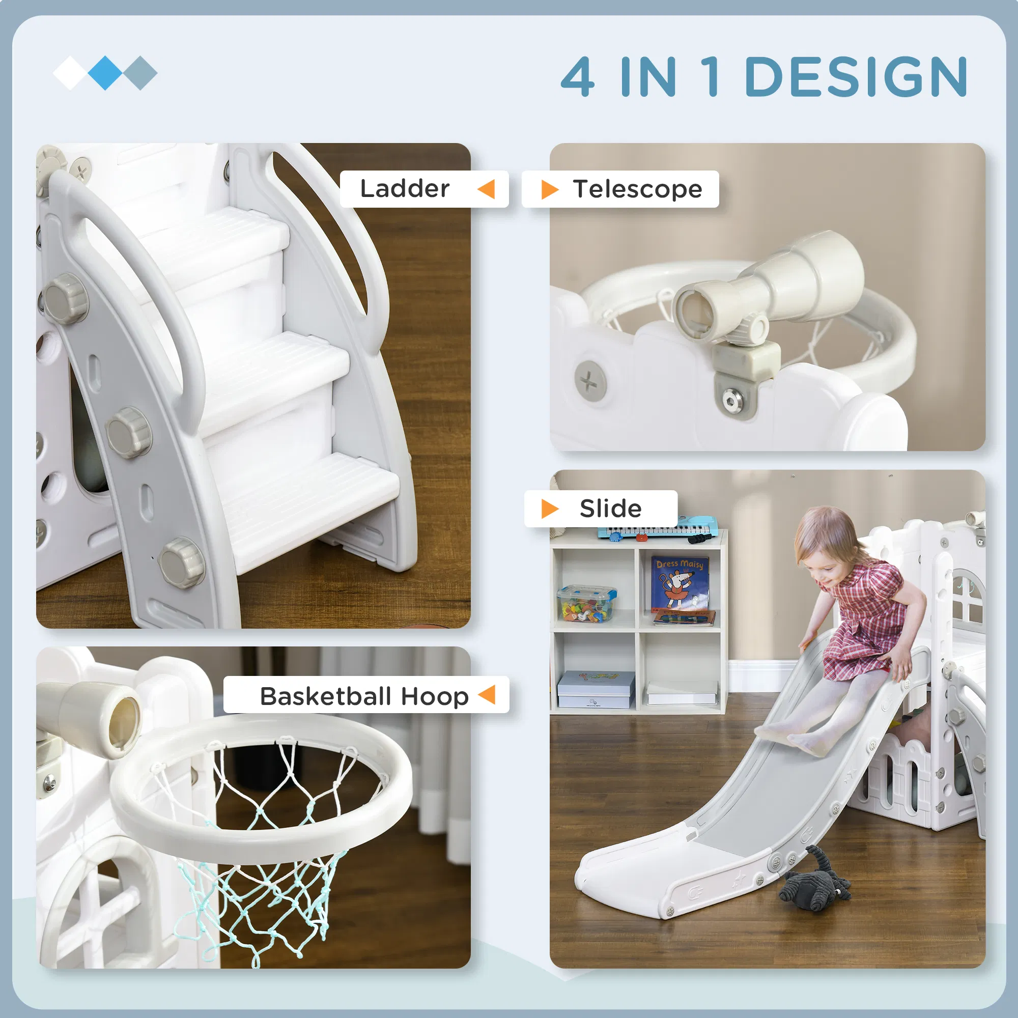 4 in 1 Toddler Slide with Basketball Hoop, Climber, Telescope, Storage Basket, for 1-3 Years Kids Indoor Use, Grey photo 5
