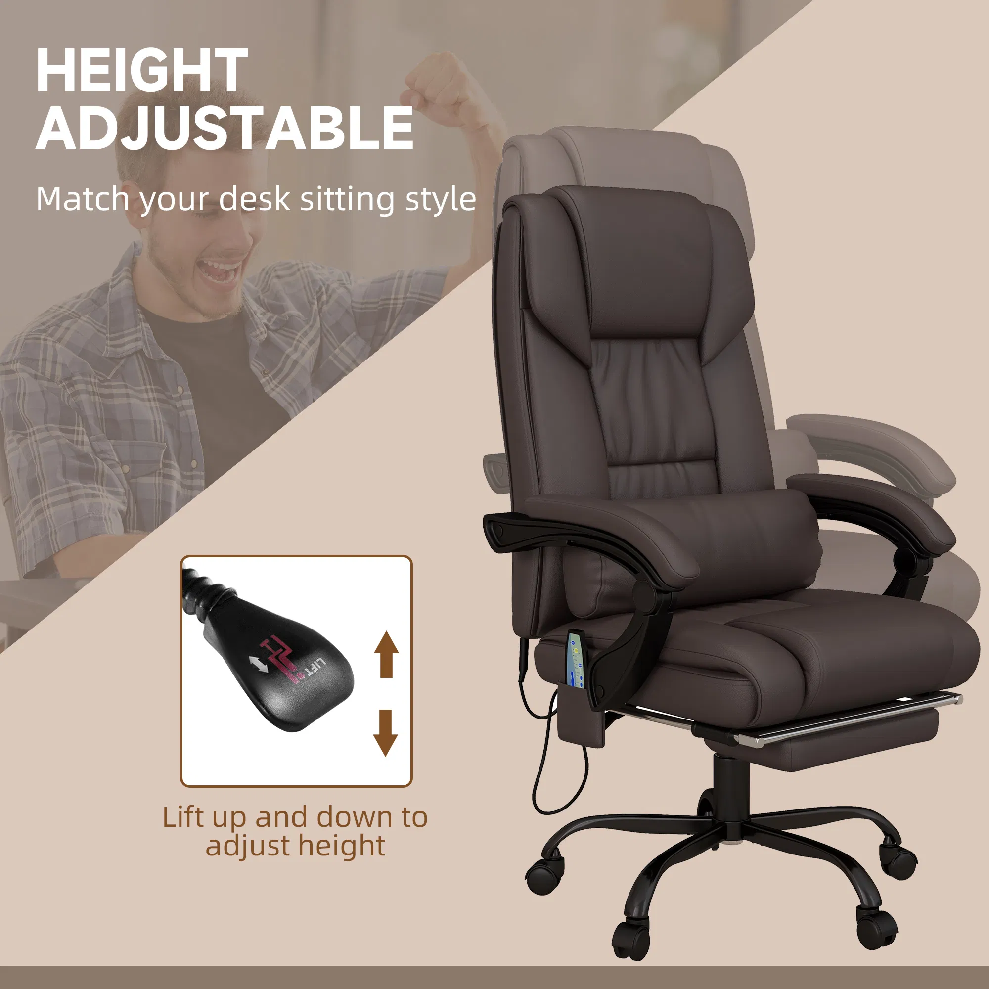 6-Point Vibration Massage Chair, Height Adjustable Reclining Computer Chair with Retractable Footrest, Brown photo 2
