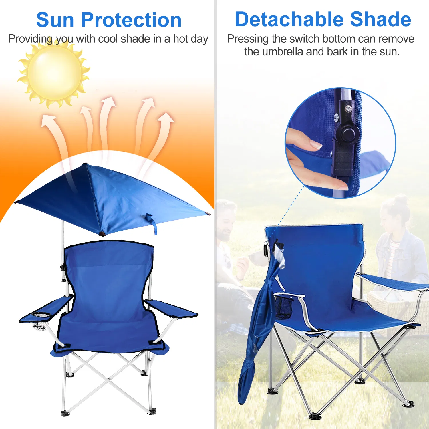 Foldable Beach Chair with Detachable Umbrella Armrest Adjustable Canopy Stool with Cup Holder Carry Bag for Camping Poolside Travel Picnic Lawn Chair photo 5
