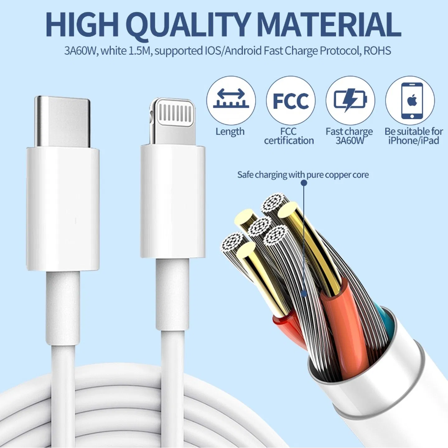 Type C - C TypeC data cable, 60W fast charging data cable (3A) - 1.5 meters white USB-C to USB-C PD fast charging cable | Compatible with i compatible iPhone, Android devices, iPad, etc. - Durable photo 4