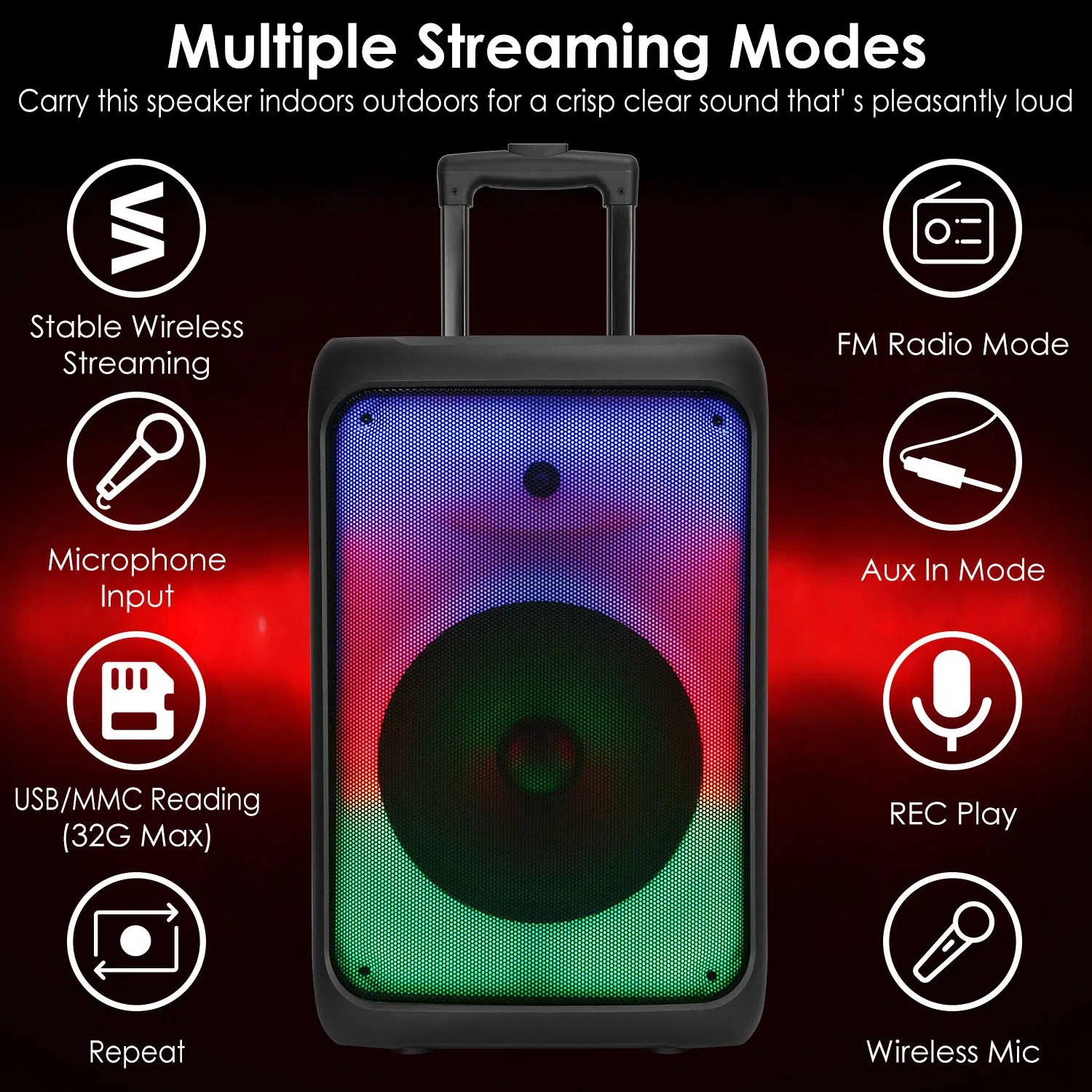 Portable Wireless Party Speaker Party Speaker with with 5 Colorful Lighting Modes TWS FM USB MMC Slot Aux In Recording Mic Priority Trolley Handle 2 Wheels Remote Control photo 6