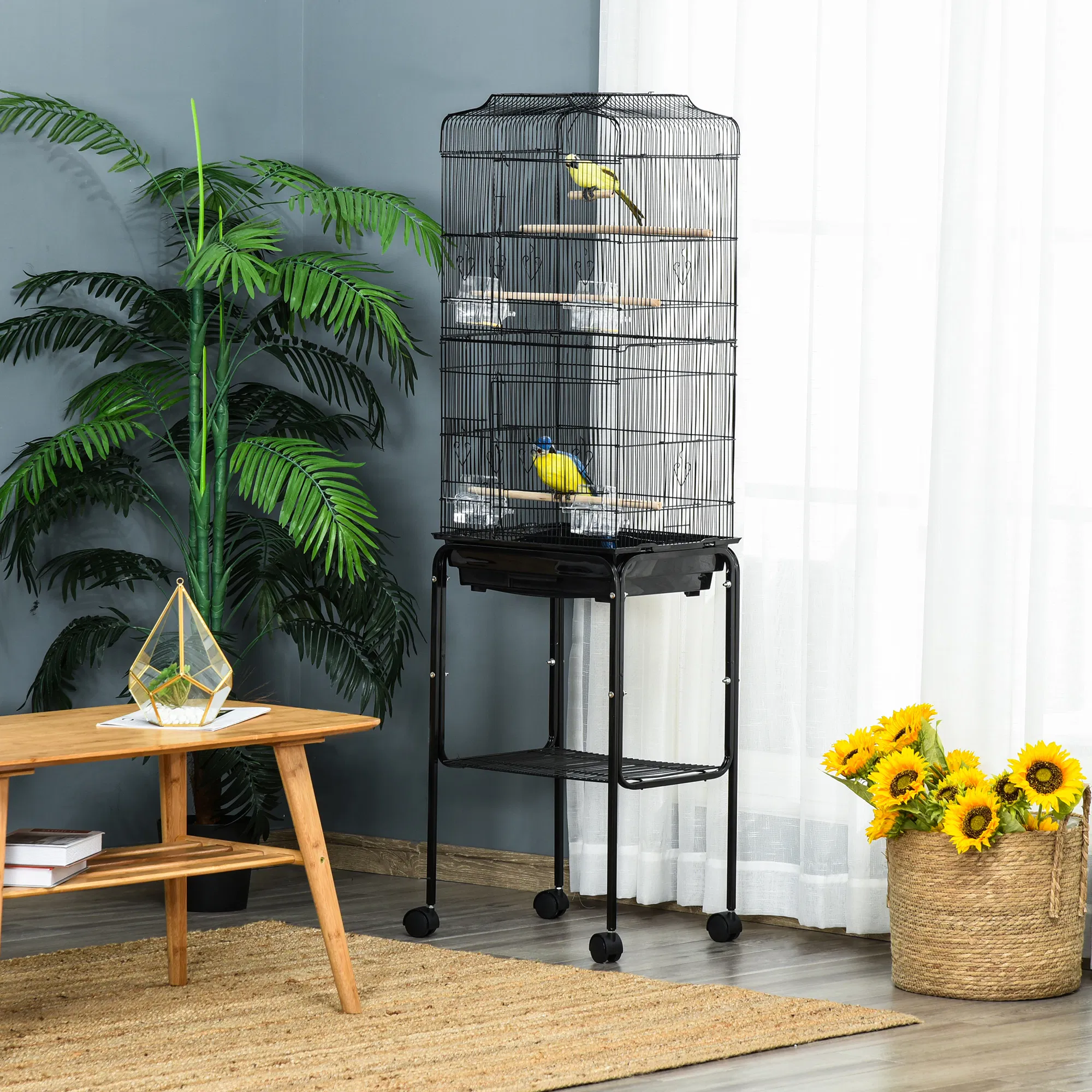 62" Rolling Bird Cage Cockatoo House Play Top Finch Pet Supply with Storage Shelf, Wheels - Black photo 5