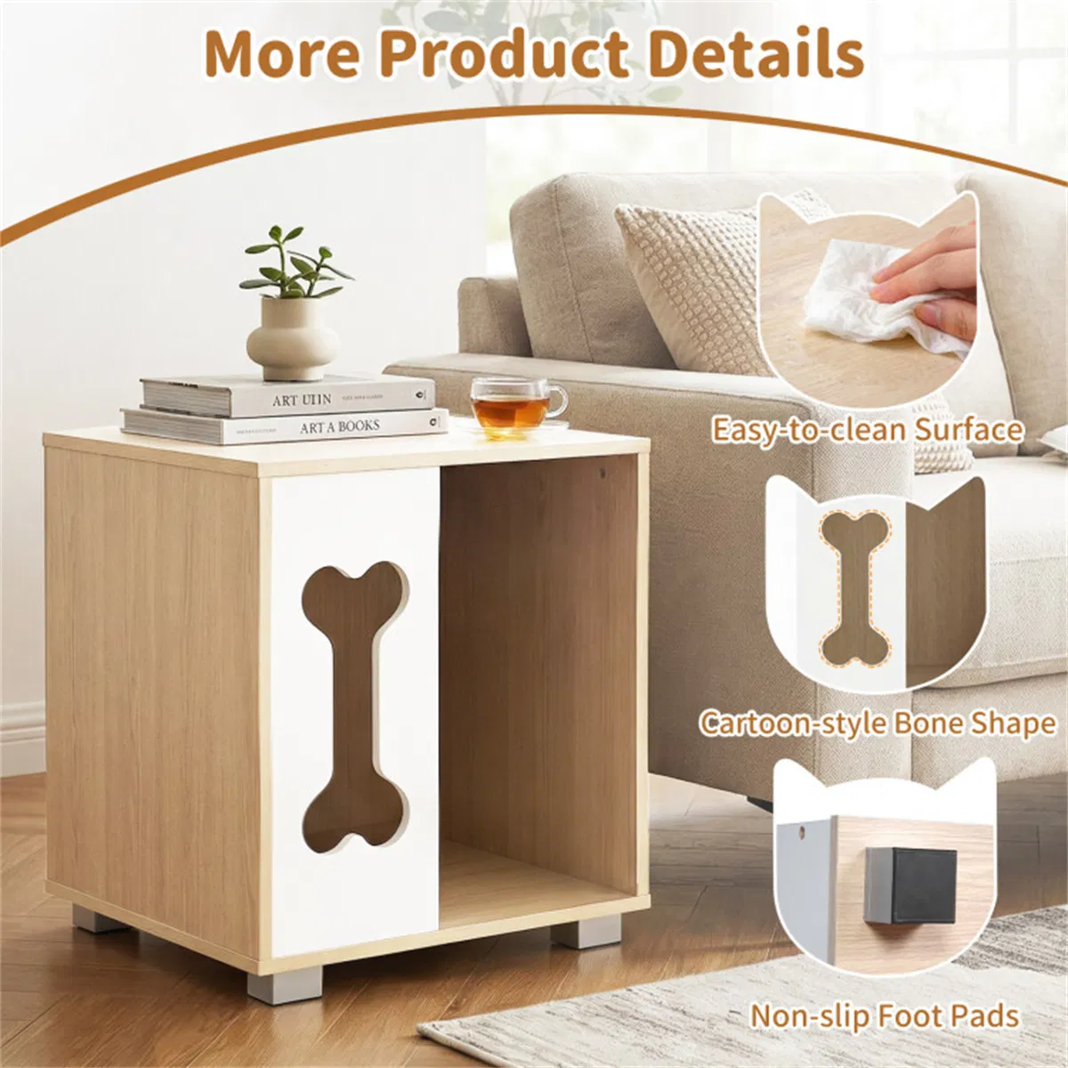 Cat Dog House Dog Bed Side Table Wooden Dog Condo with Bone-shape Window and Thick Metal Legs photo 5