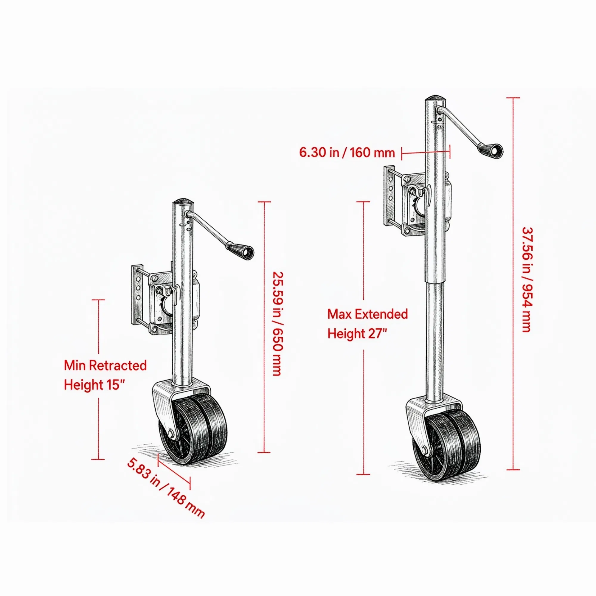 2000 lbs Heavy Duty Swivel Boat Trailer Jack with PP Dual Wheel, 15"-27" Lift Range for RV & Utility Trailers photo 3