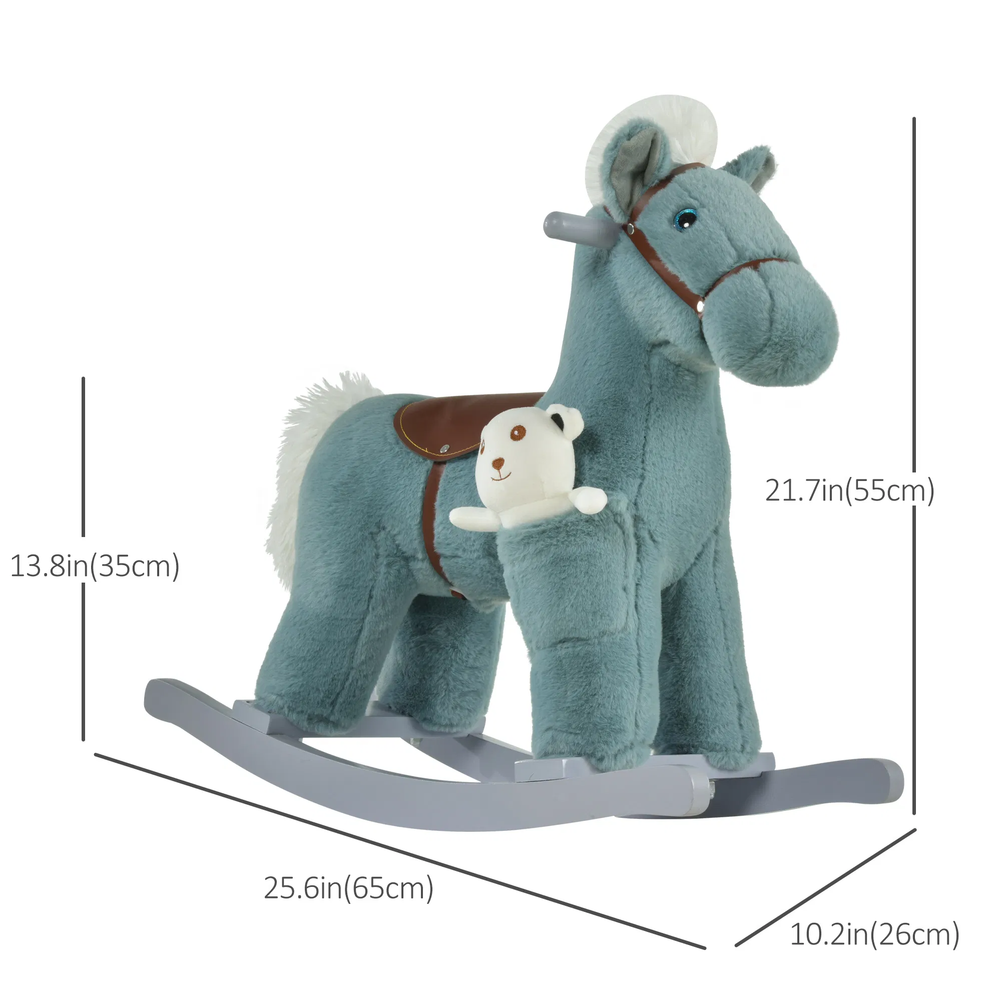 Kids Plush Ride-On Rocking Horse with Bear Toy, Children Chair with Soft Plush Toy & Fun Realistic Sounds, Blue photo 6