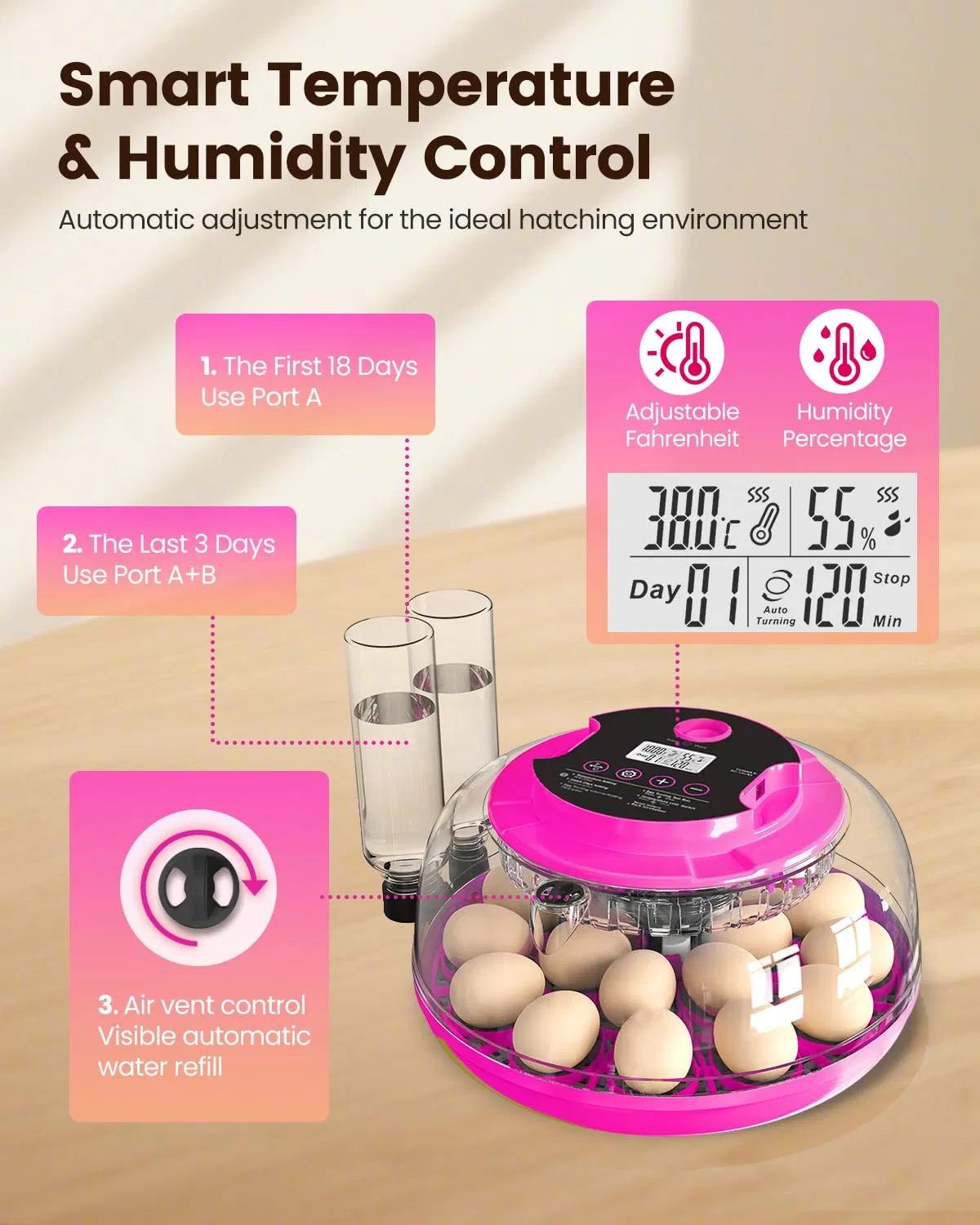 Incubator for Hatching Eggs, 18 Eggs Capacity, Incubators with Egg Candler, Automatic Egg Turner, Temperature & Humidity Control, Full Viewing for Chicken, Duck, Quail, Goose, Parrot, Pigeon photo 5