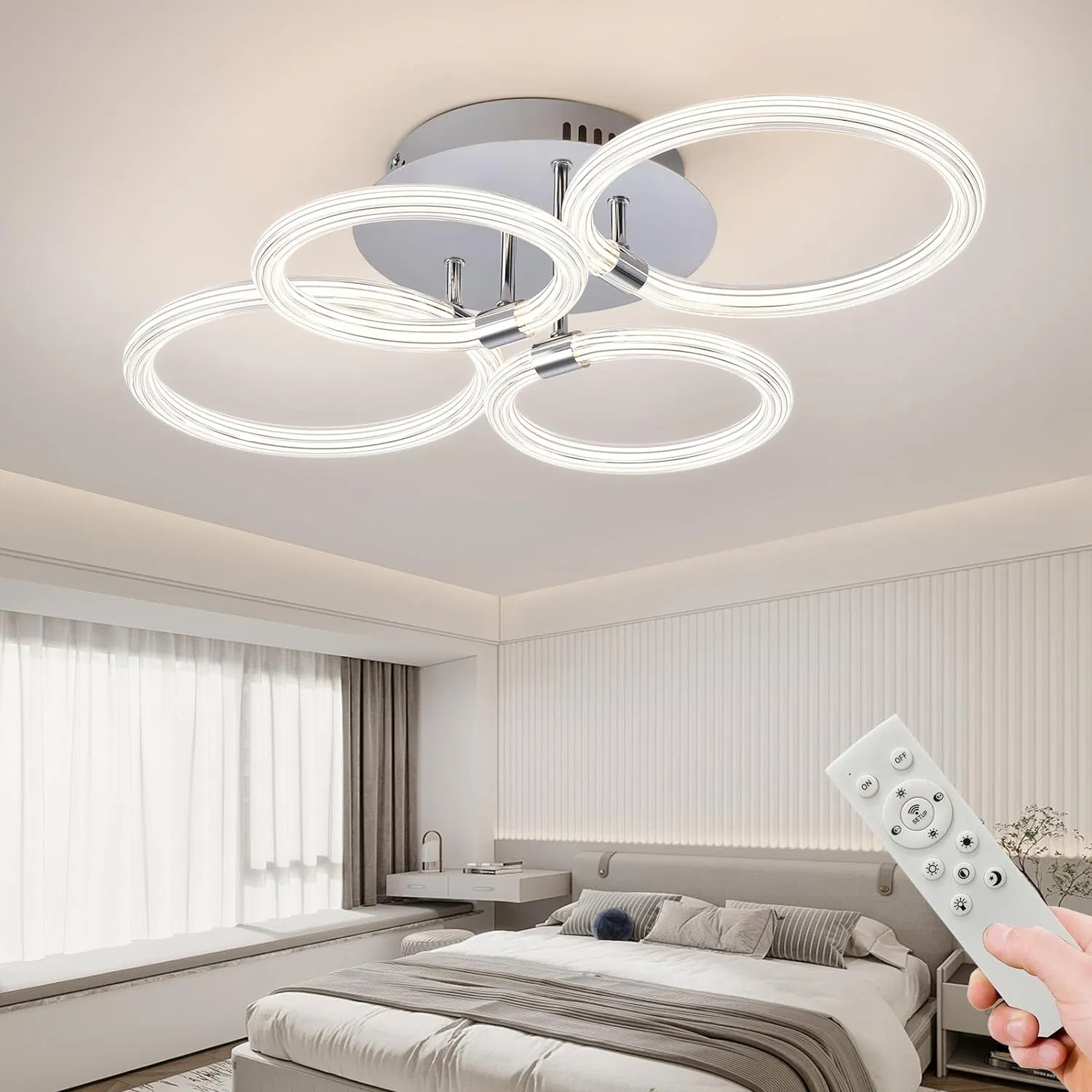 Modern LED Flush Mount Ceiling Light with Dimmable Remote Control, 6Rings Acrylic for Bedroom, Living Room, Kitchen, Office Lamps (4 heads)[Unable ship weekends, TK/TEMU only for pickup] photo 2