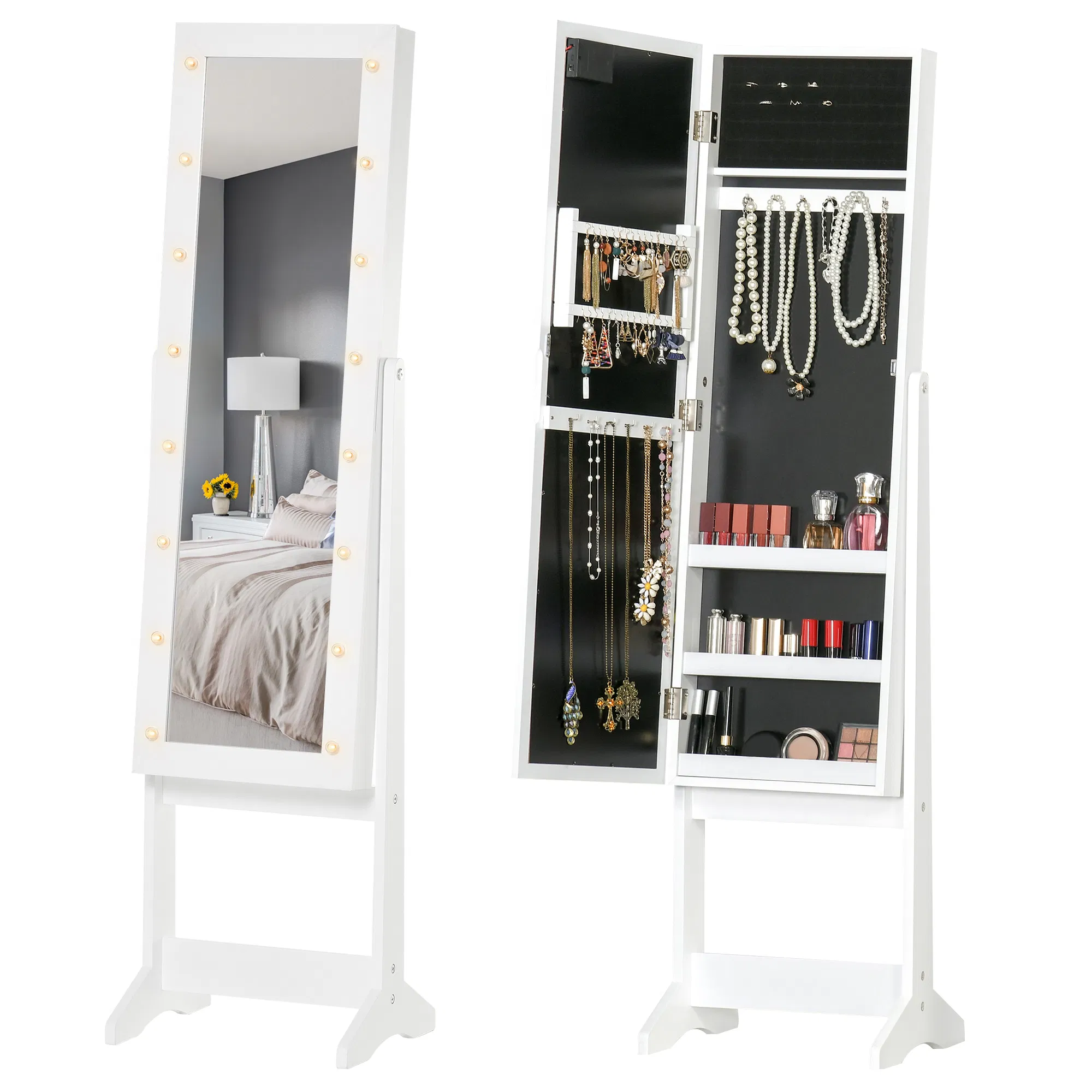 Lighted Jewelry Cabinet Mirrored Armoire Organizer Free Standing Storage for Necklaces Bracelets Rings Earrings Adjustable photo 1