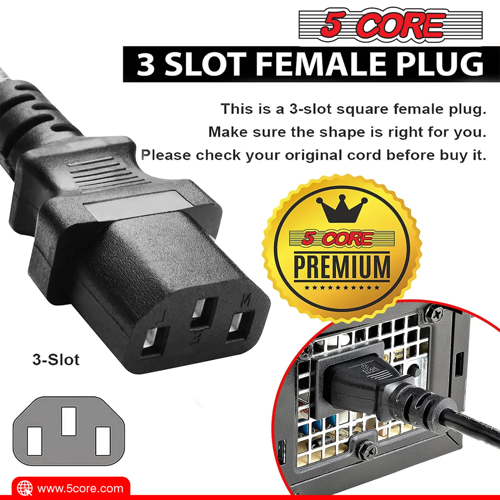 5 Core 6 Feet 3 Prong Replacement AC Wall Power Cord for LCD Computer Monitor PS3 Premium Quality Copper Wire - PC 1001 photo 4