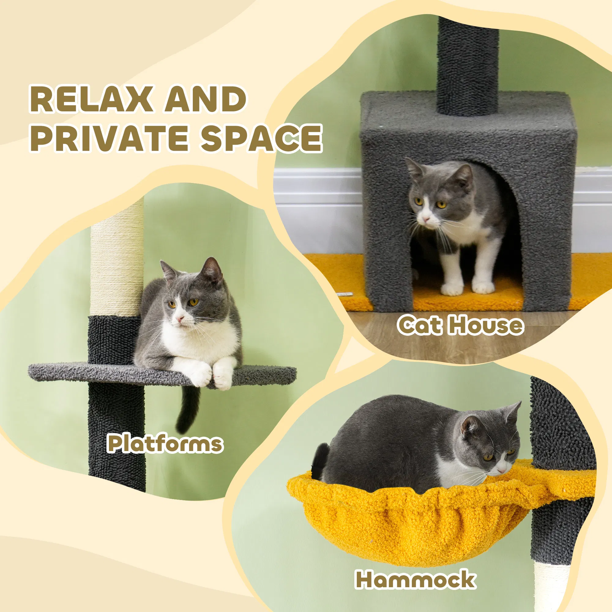 Floor to Ceiling Cat TreeTower with 90.5"-108" Adjustable Height, Scratching Posts, Hammock, Condo, Toy Ball, Dark Grey photo 6