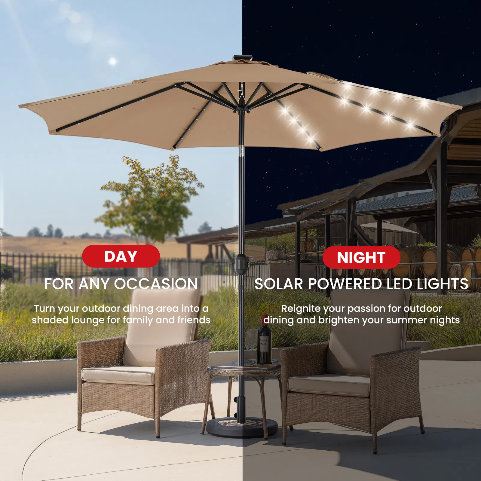 10ft Solar Polyester 32 LED Lighted Patio Umbrella with Tilt Adjustment and UV-Resistant Fabric photo 2