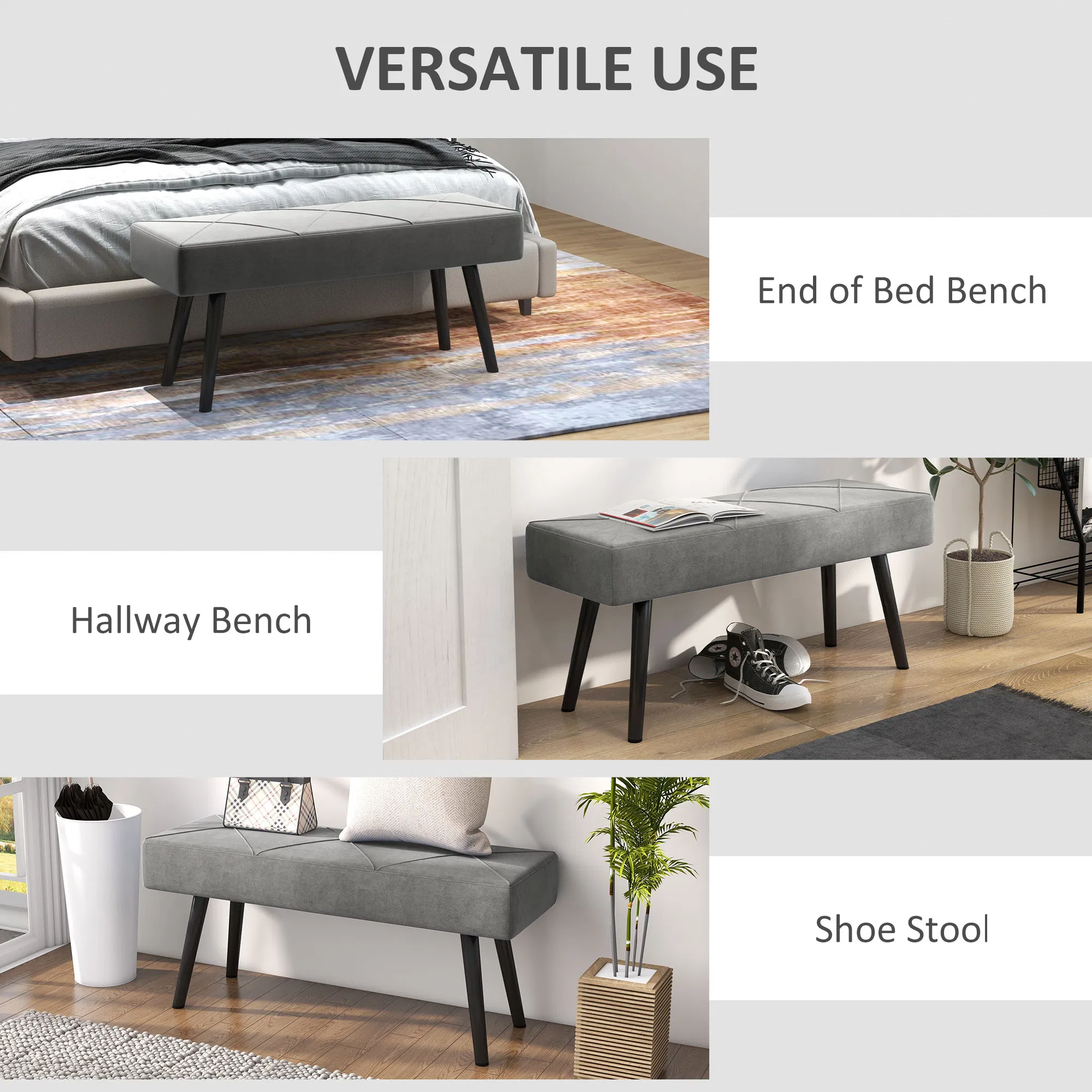 39 Inches Upholstered Bedroom Bench, Modern End of Bed Bench with Steel Legs, Grey photo 2