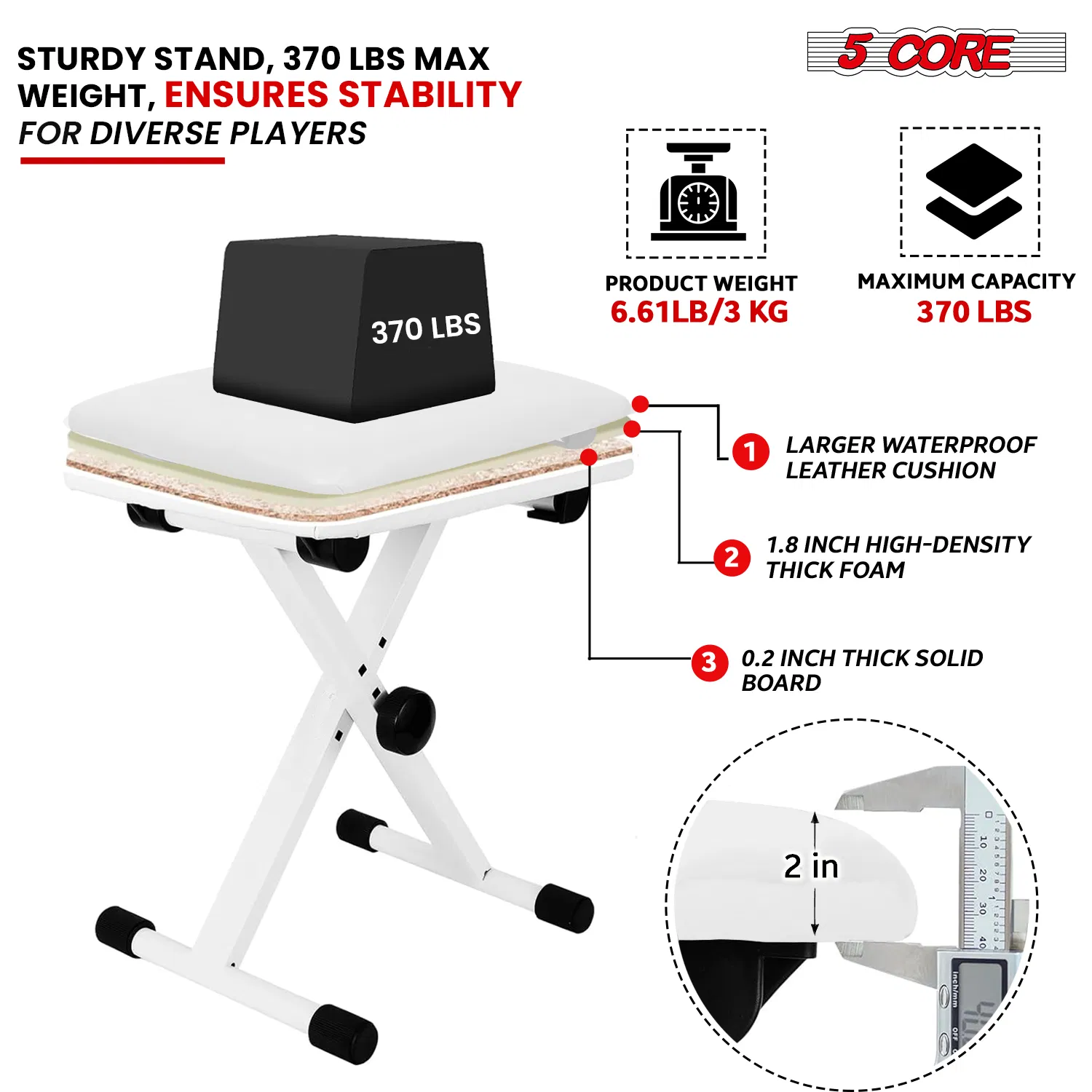 5 Core Keyboard Bench 2 Inch Padded Cushioned Piano Stool Height Adjustable 19" Guitar Seat Portable photo 2