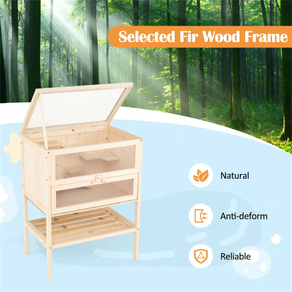 31.5 " Fir Wood Hamster Cage with Flip Mesh Roof, Multi-Level Activity Areas & Bottom Storage Shelf photo 4