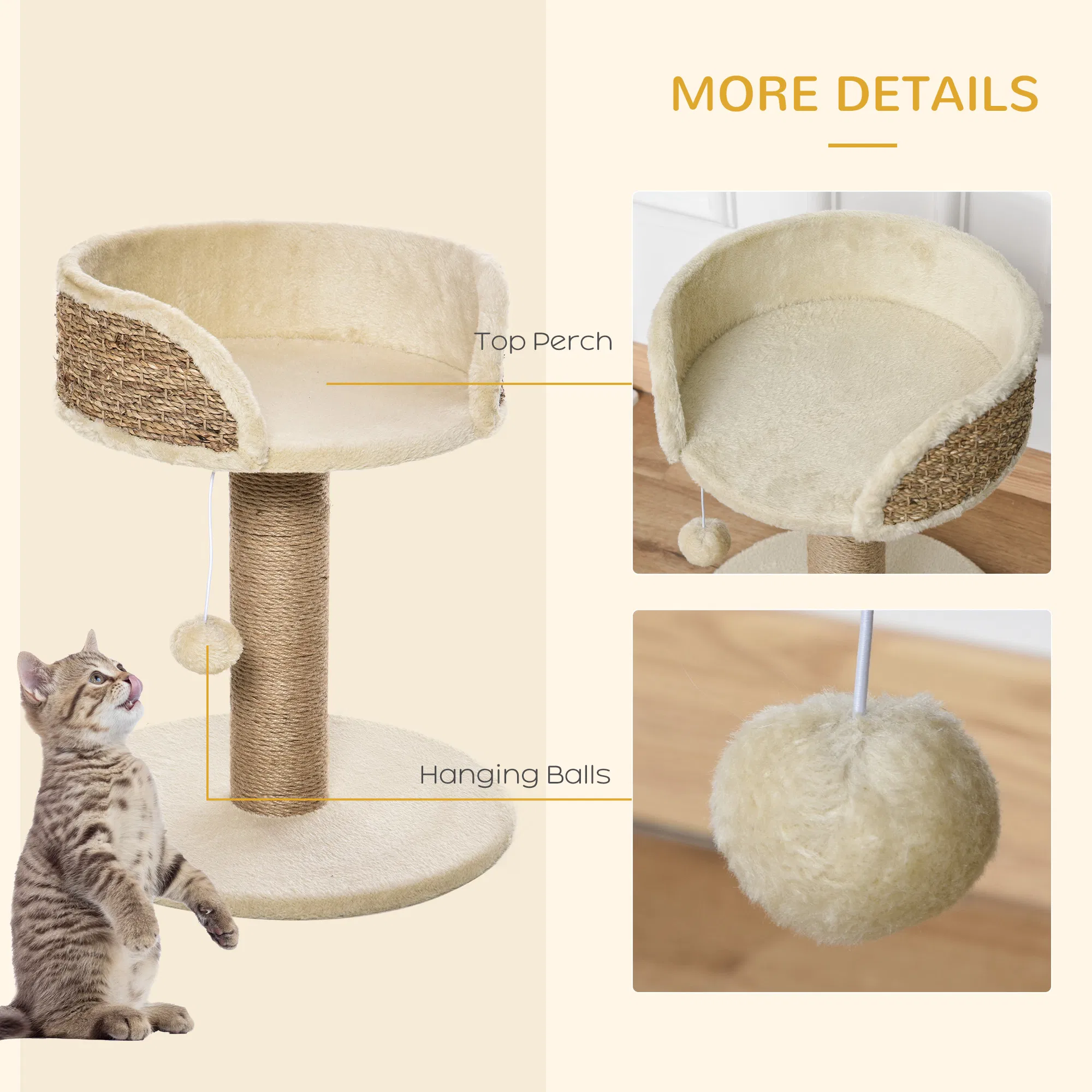 Cat Tree with Scratching Post, Toy Ball, Perch, Small Cat Tower for Indoor Cats - 16" x 16" x 19", Beige photo 2