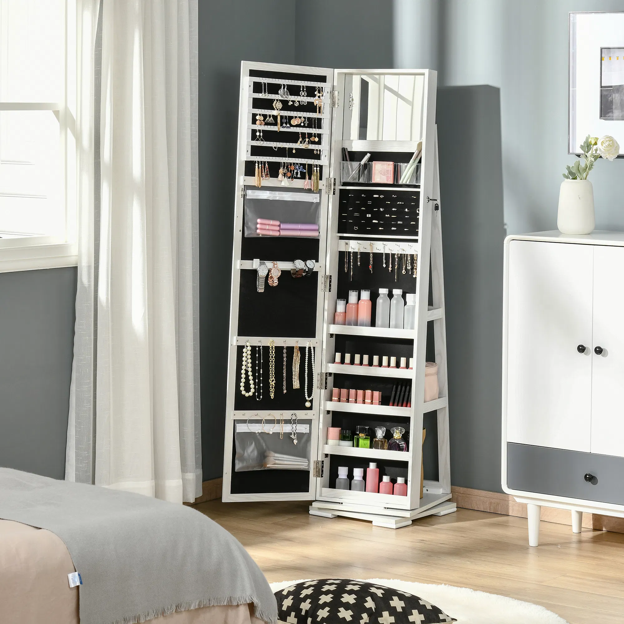 360 Swivel Jewelry Cabinet with Full Length Mirror Lockable Organizer White photo 2