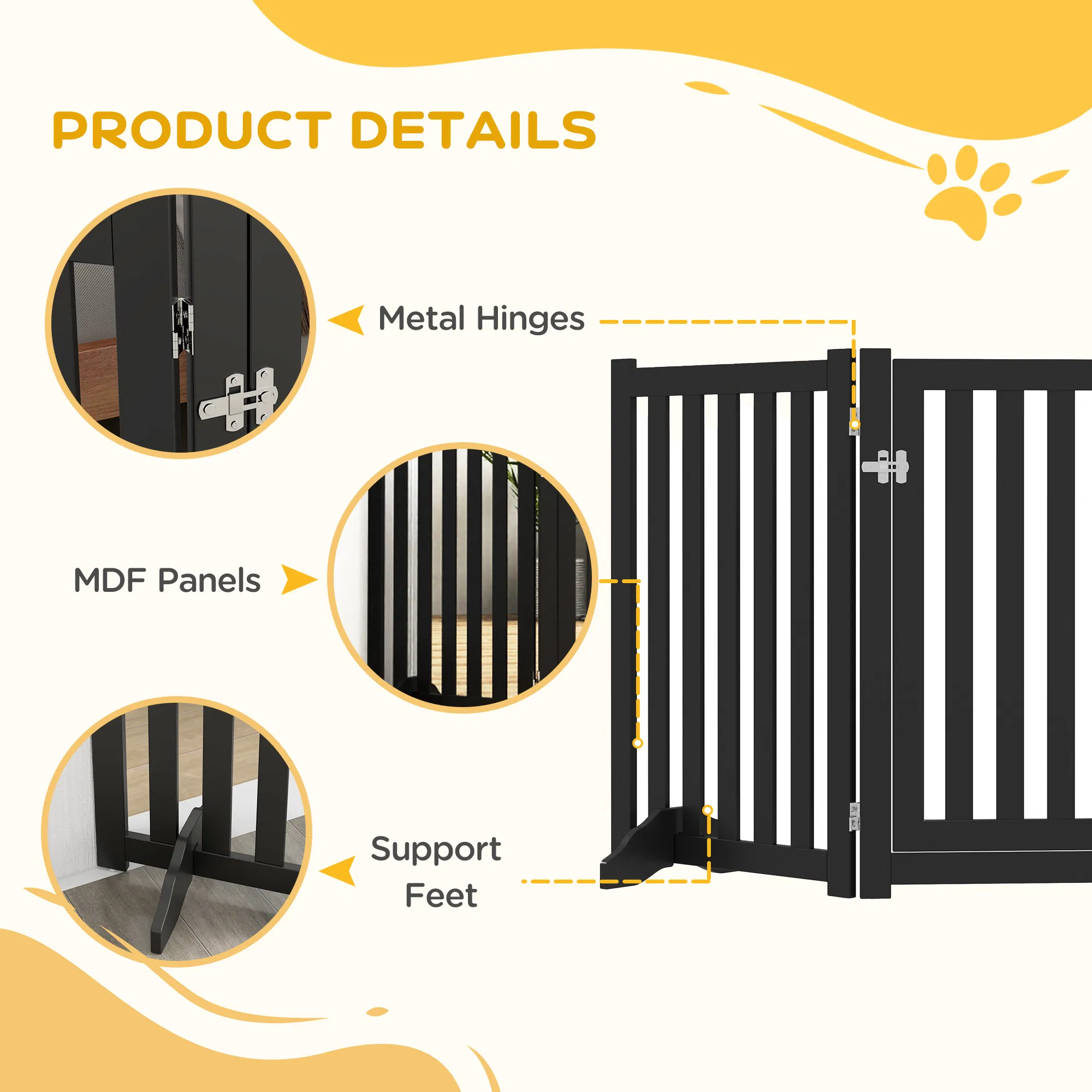 3-Panel Foldable Dog Gate with Feet for Medium Dogs and Below, Black photo 5