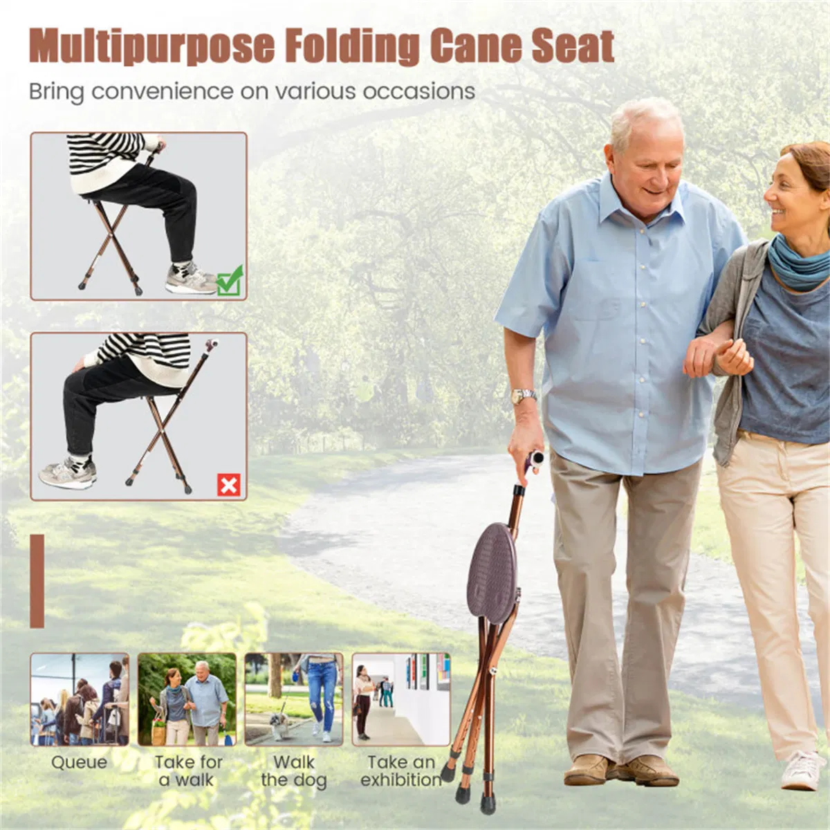 Folding Seat Cane (220lbs): 5-Level Height Adjust, LED Light, Anti-Slip Pads, Aluminum Alloy, Bonus Cushion/3 Foot Pads for Elder-Brown photo 4
