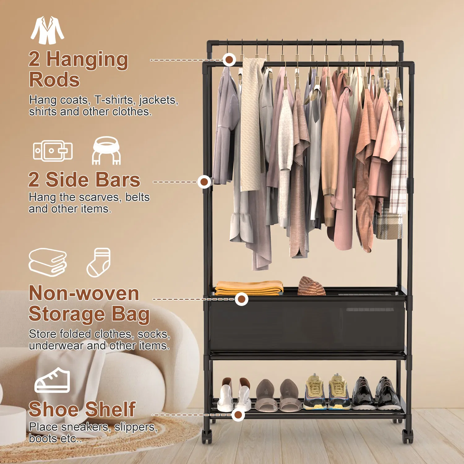 3 Tiered Portable Clothing Rack For Bedroom Entryway Double Hanging Rods Sturdy Iron Garment Rack With Double Hanging Rods Adjustable Storage Bag Quiet Wheels photo 3