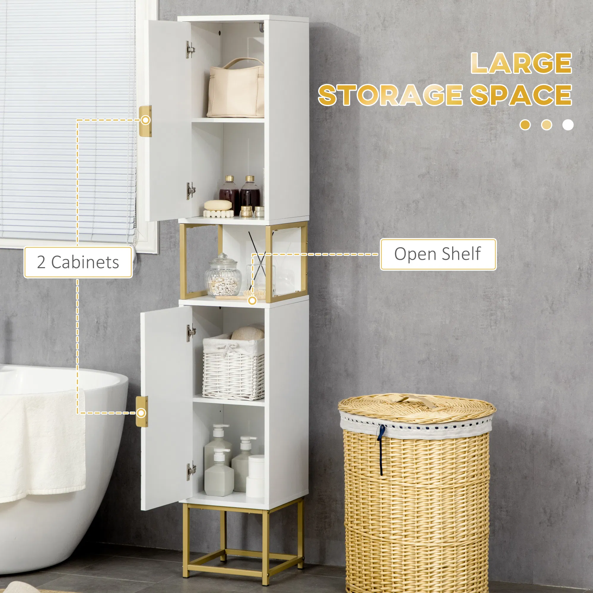 Tall Bathroom Storage Cabinet, Modern Narrow Bathroom Cabinet with Diamond Chevron Pattern and Adjustable Shelf, White photo 5