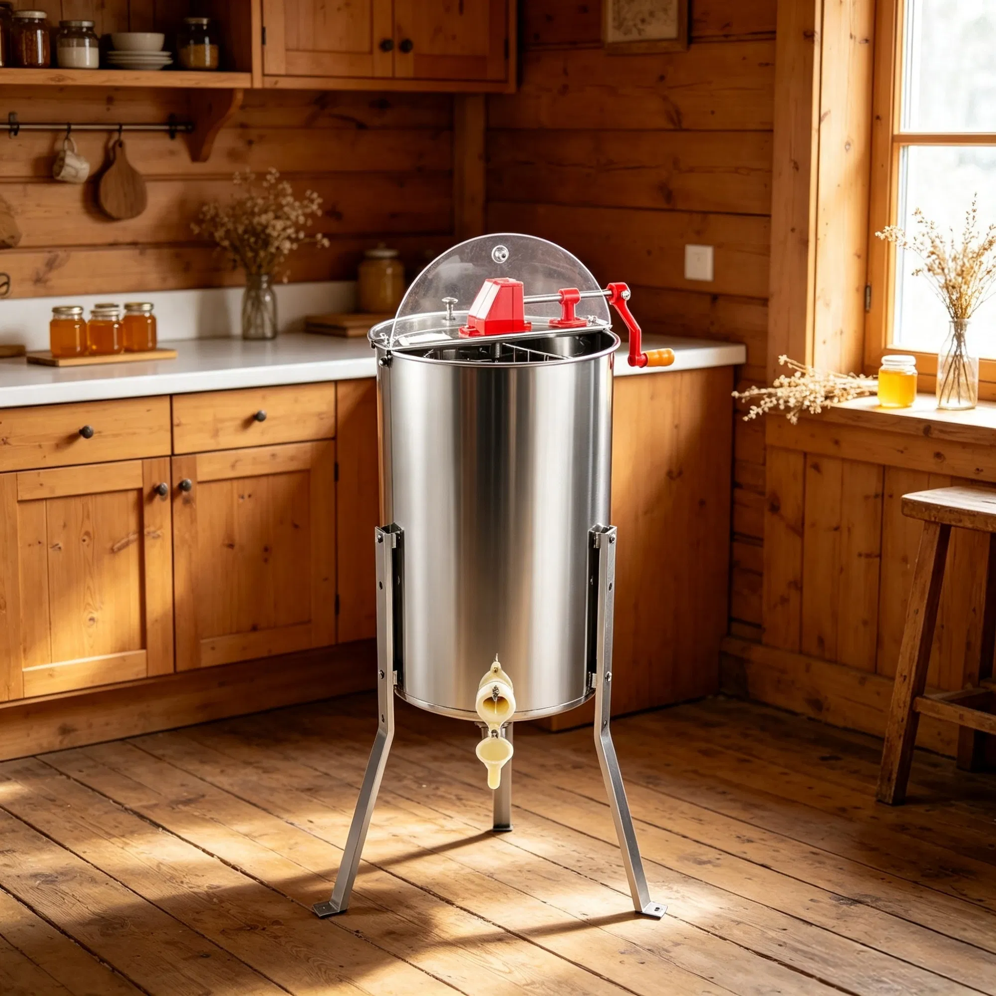 3-Frame Manual Honey Extractor, Stainless Steel Beekeeping Honey Spinner with Adjustable Stand & Lid photo 3