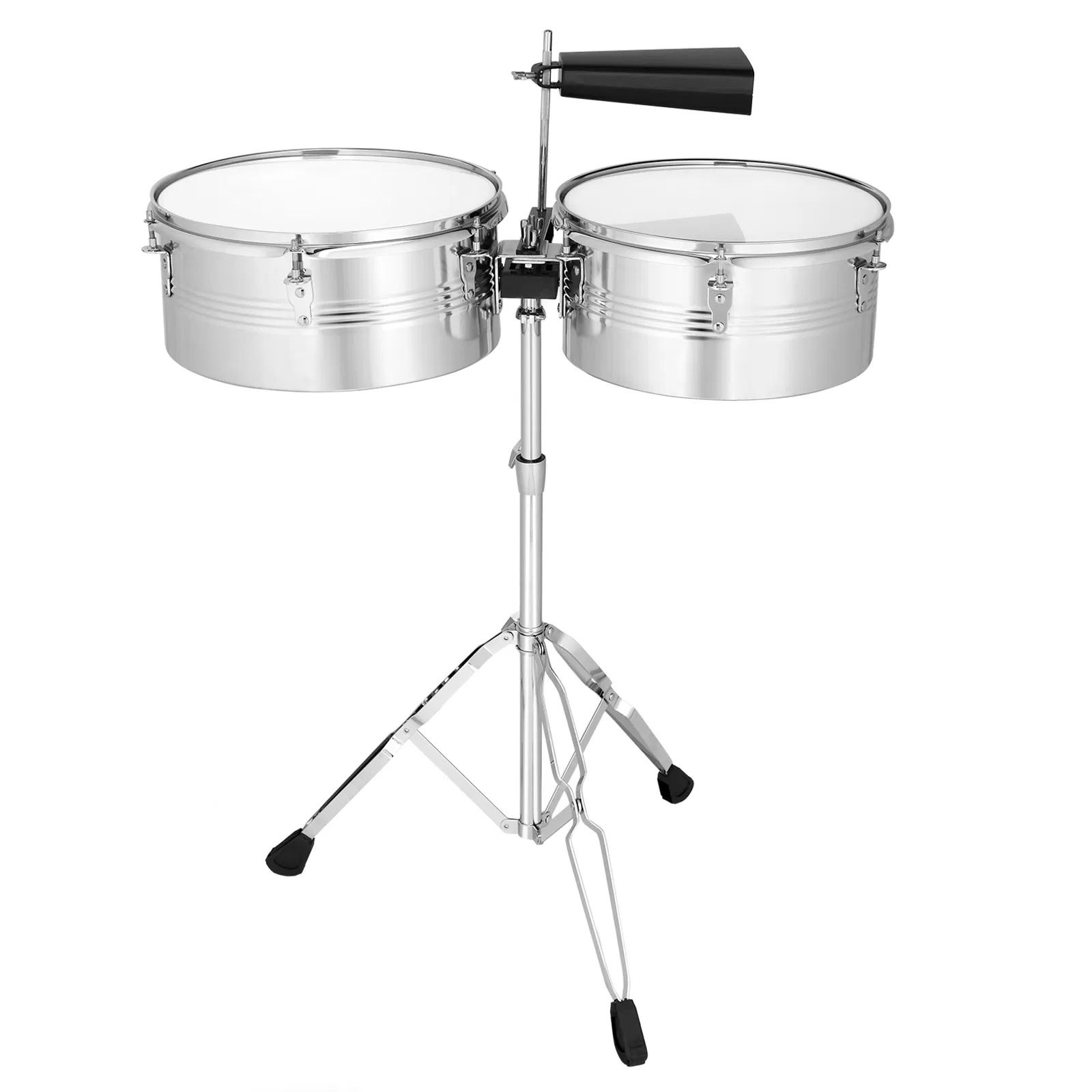 Percussion 13" & 14" Timbales Drum Set with Stand and Cowbell Silver photo 7