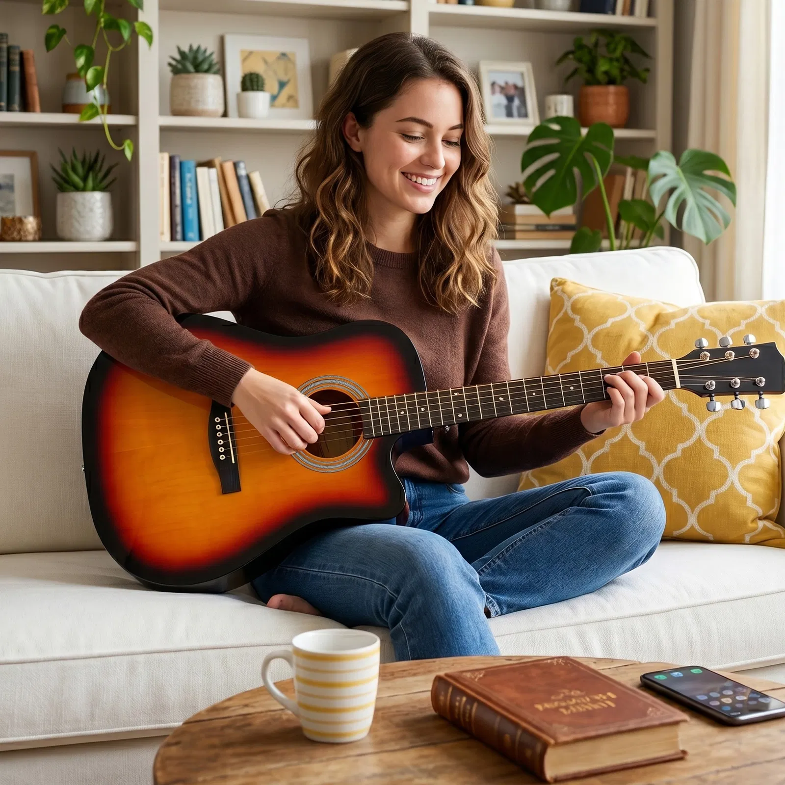 Sunset color 41-inch Dreadnought barrel-shaped cutaway acoustic guitar with pick, strings, capo, gig bag, tuner, wrench tool, and shoulder strap photo 5