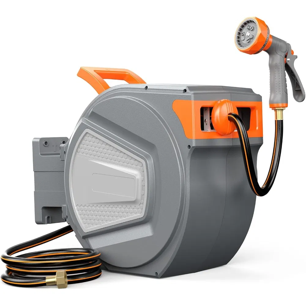Auto Rewind Retractable Hose Reel, Wall Mounted with 180° Swivel, Multi-Function Spray Nozzle for Outdoor Watering photo 6