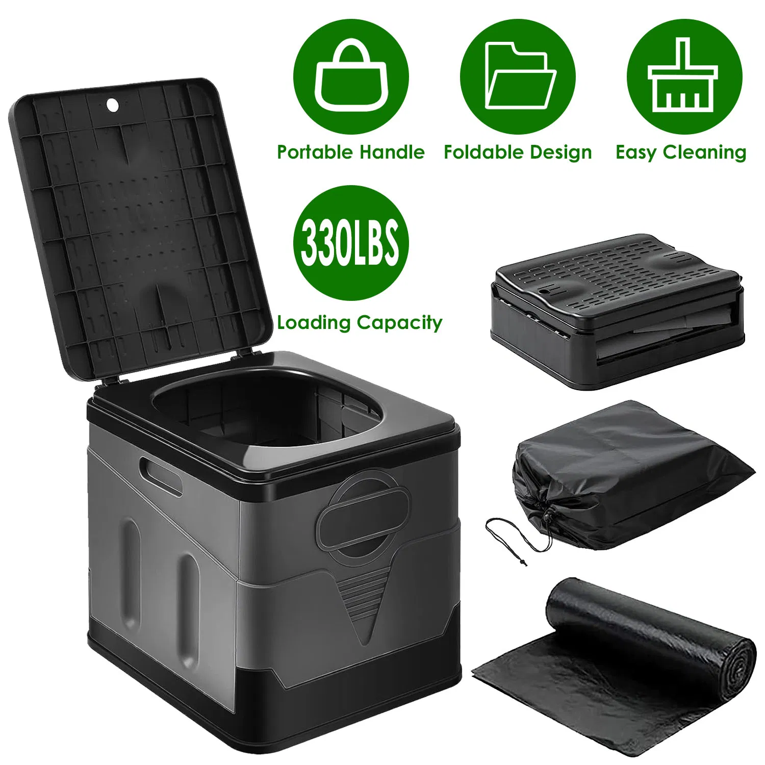 Multi-Function Foldable Portable Toilet, 5.3Gal Capacity, 330-LBS Loading PP Camping Toilet with Carry Bag, for Outdoor Activities & Indoor Emergency Use photo 1