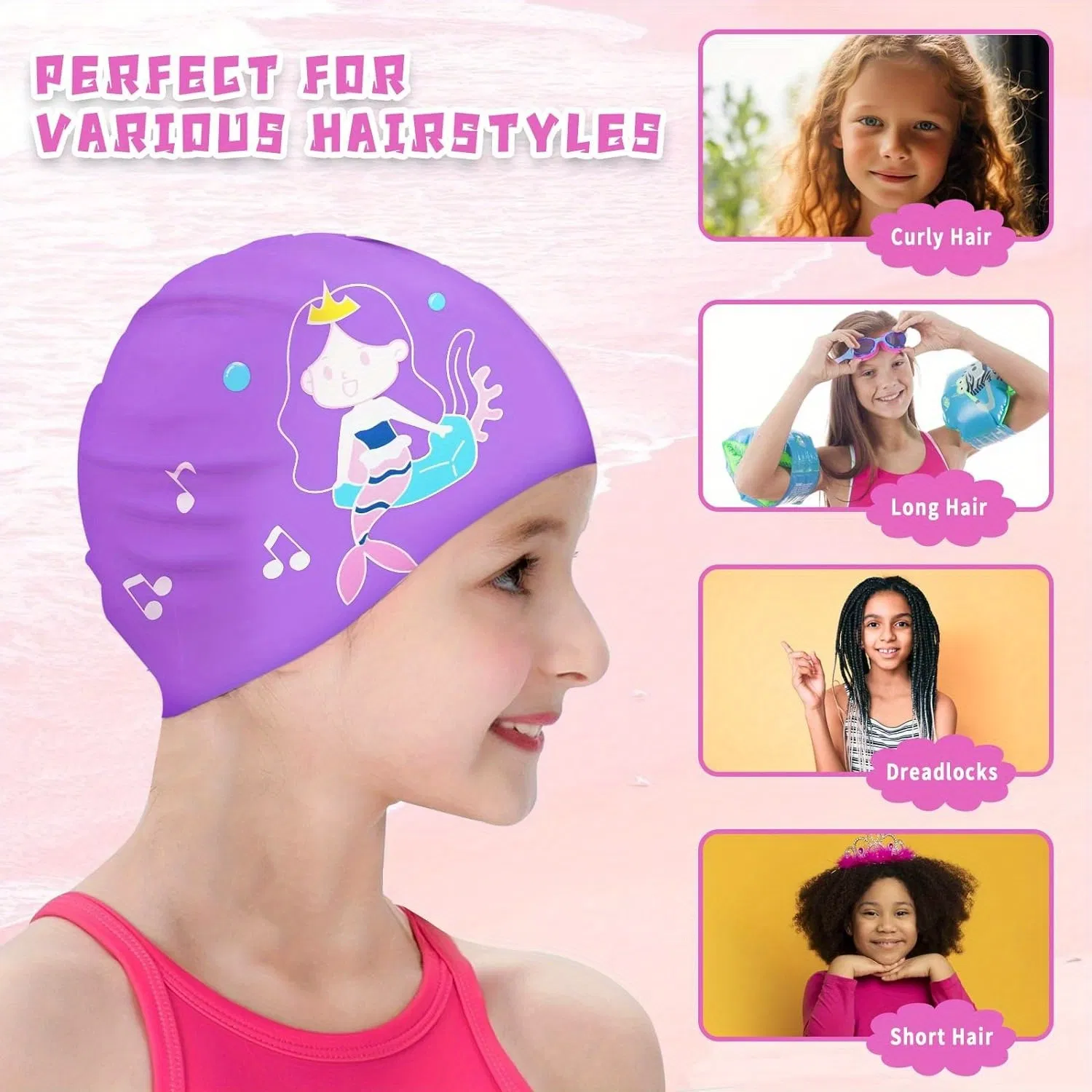 2 Pack Kids Swim Caps for Girls Boy Aged 9-15, Waterproof Bathing Cap for Long and Short Hair, Silicone Swimming Cap Swim Hats with Fairy Mermaid Cartoon photo 5