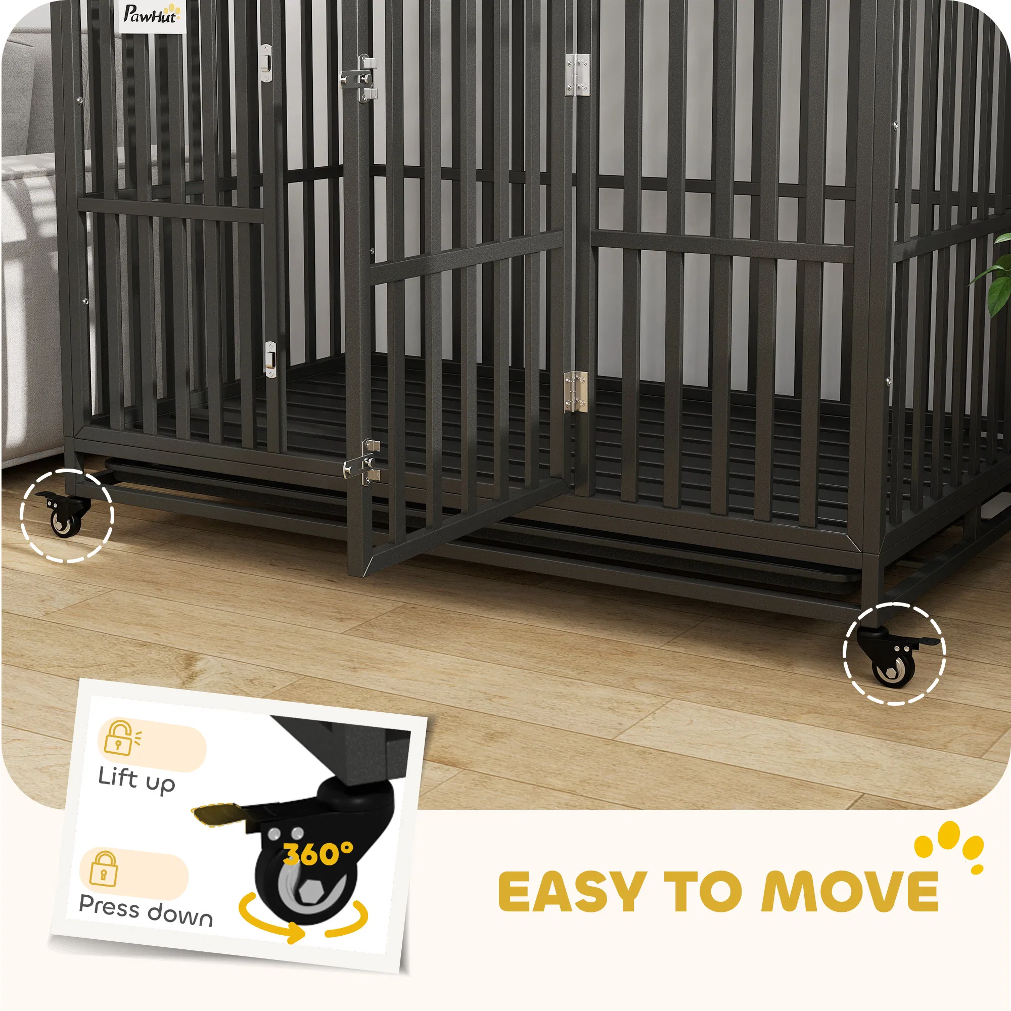 49" Heavy Duty Steel Dog Crate Kennel Pet Cage with Wheels for Convenient Access Anti-Pinching Floor, Black photo 5