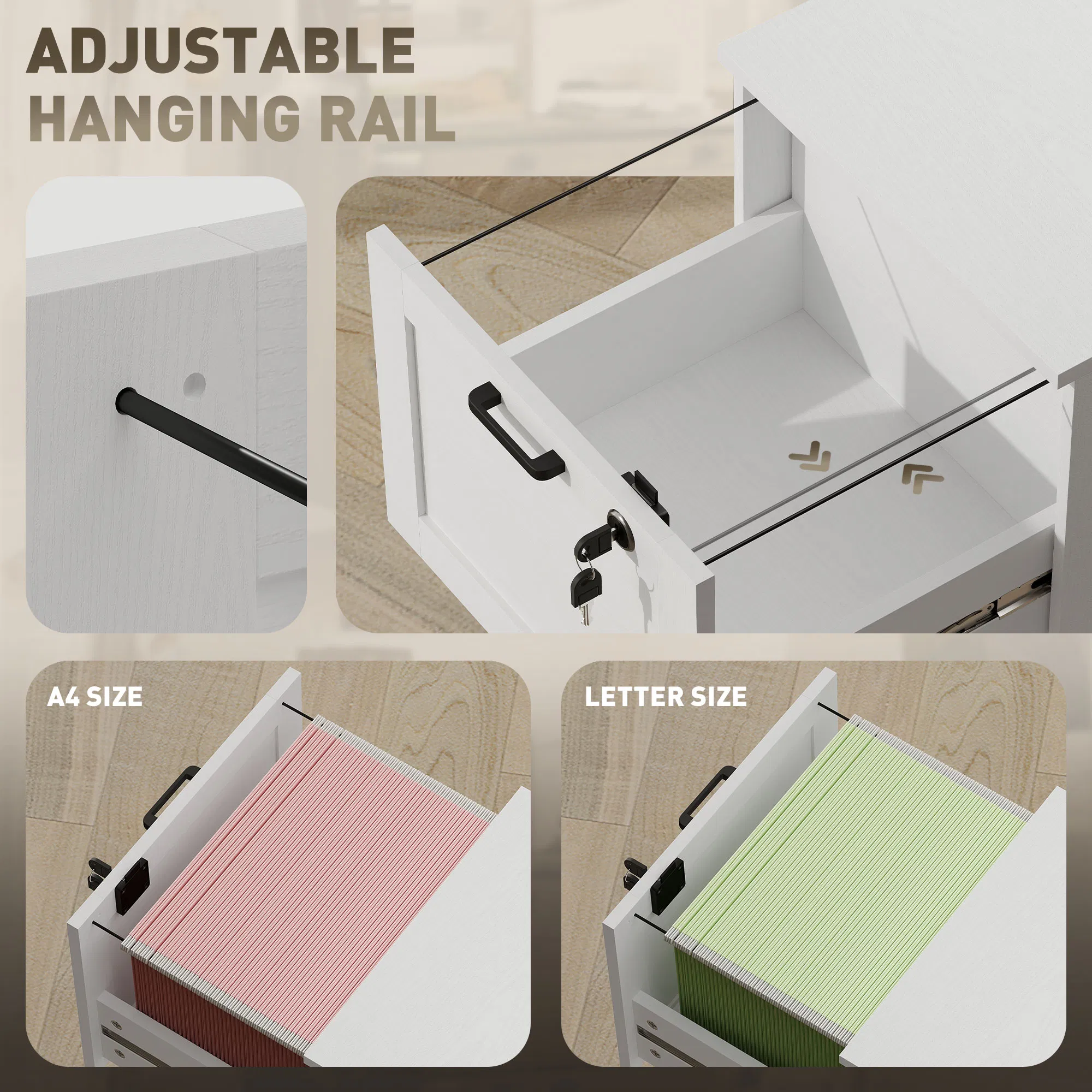 Vertical Filing Cabinet with 3 Drawers, Lock, File Cabinet for Home Office, A4 and Letter Size Files, White photo 3