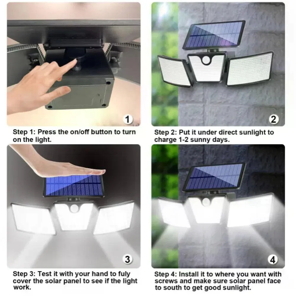 265 LED Solar Motion Sensor Wall Light, IP65 Waterproof 3-Head Adjustable Angle Outdoor Garden Lamp, 3000LM 6500K for Yard Garage photo 3